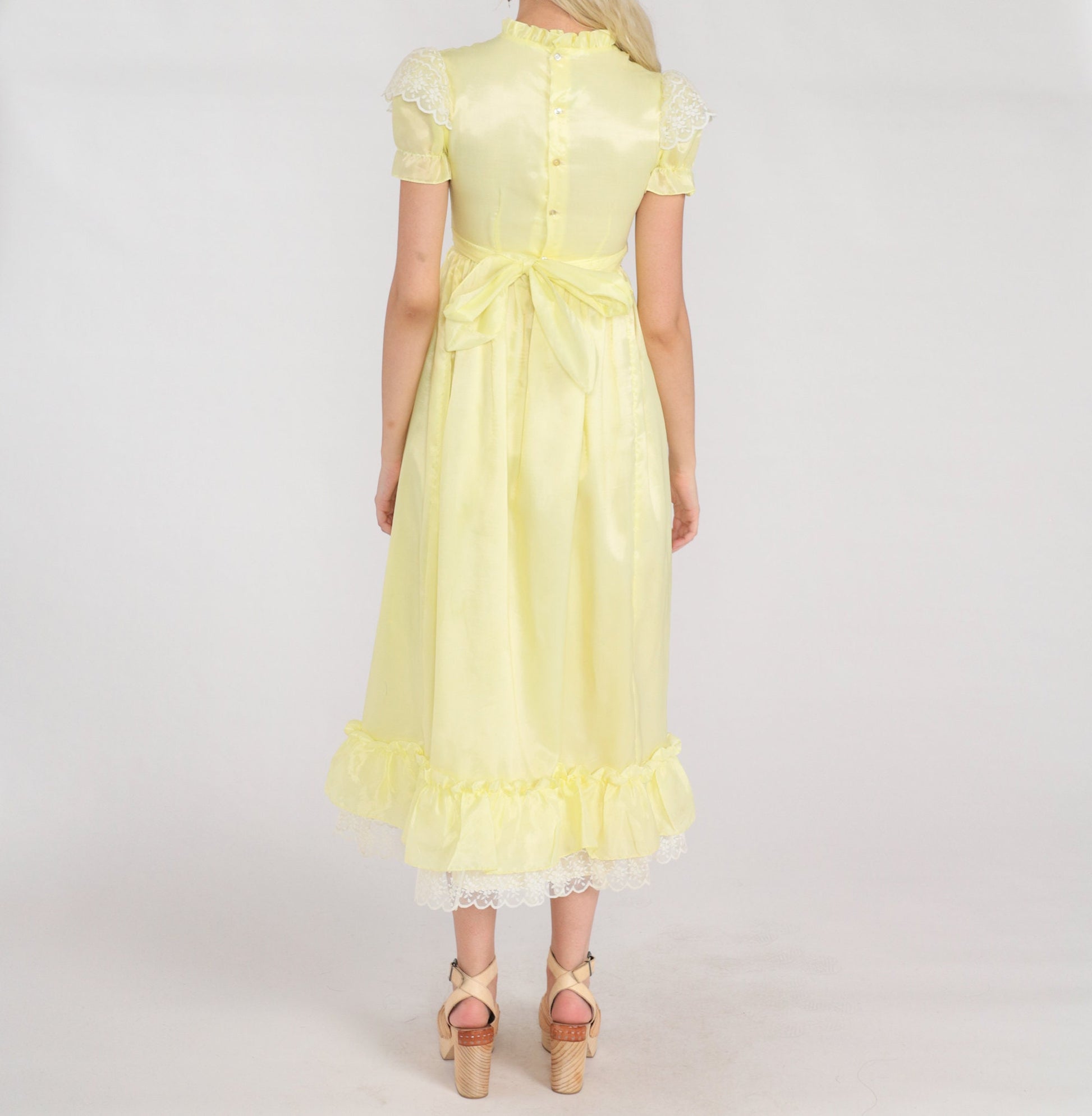 70s Yellow Midi Dress Lace Trim High Waist Puff Sleeve Ruffled Neck XXS