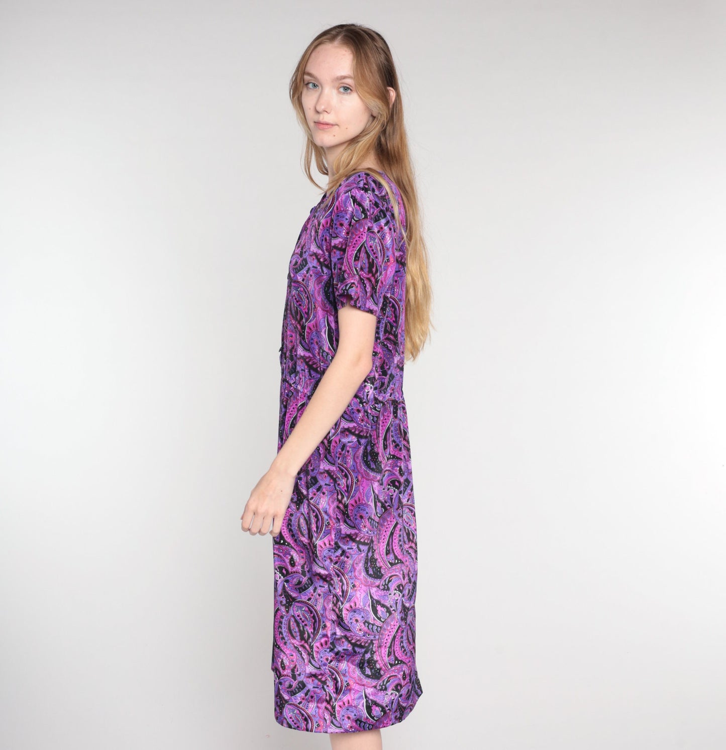 60s Paisley Shirtwaist Midi Dress Purple Pink Black Button-Up Medium Large