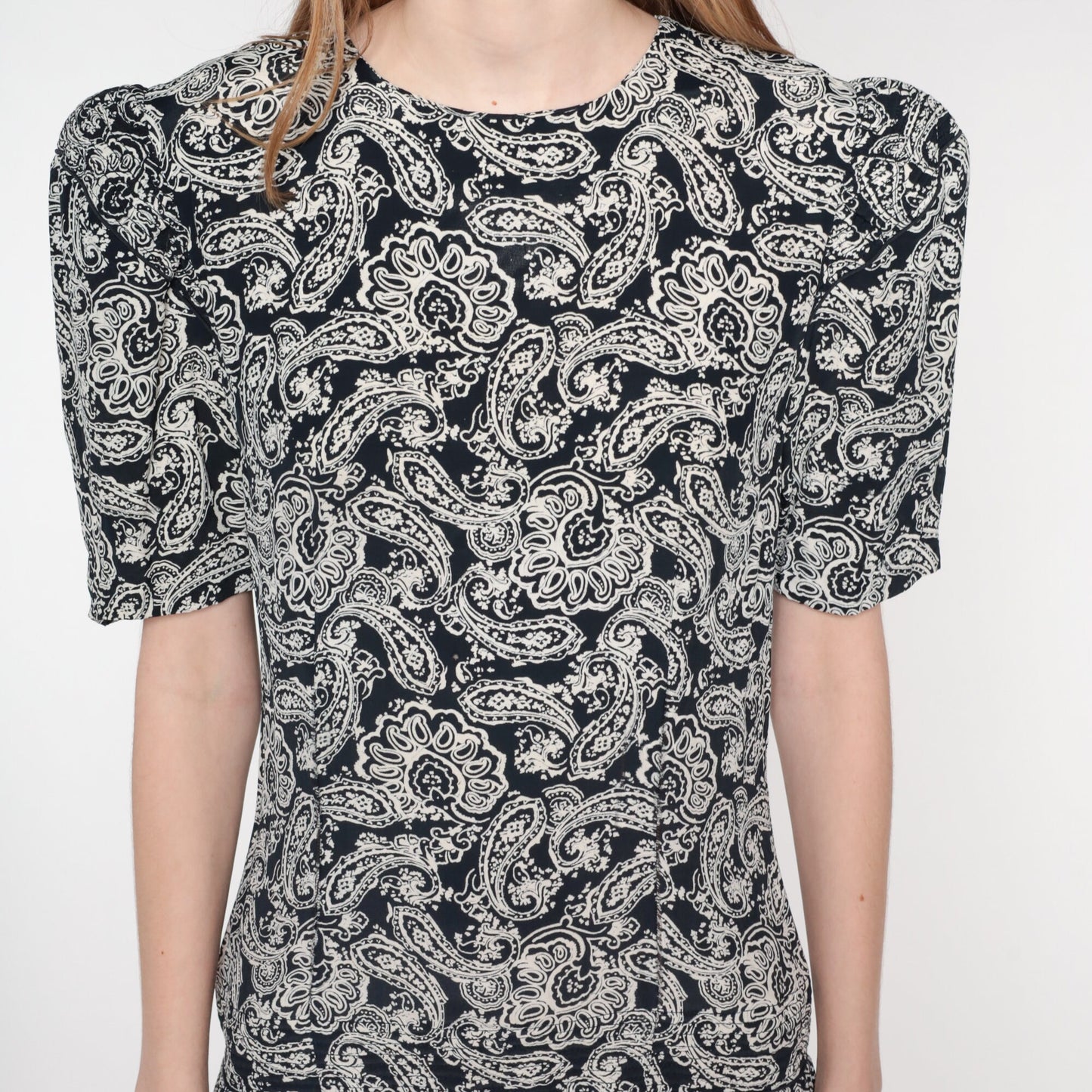 1990s Maggie London Black Paisley Maxi Dress Puff Sleeve Drop Waist Medium 8