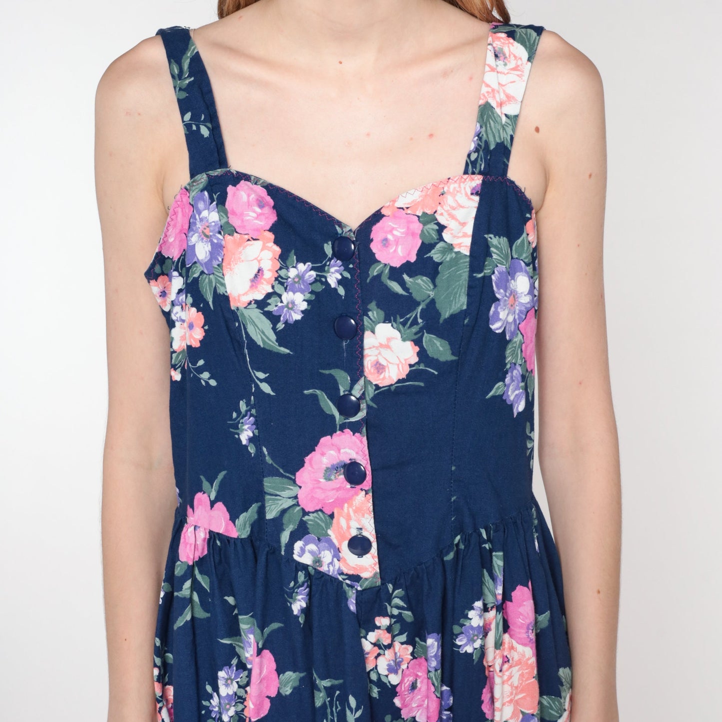 80s Navy Floral Midi Dress Sweetheart Neckline Button Front Sleeveless Medium M