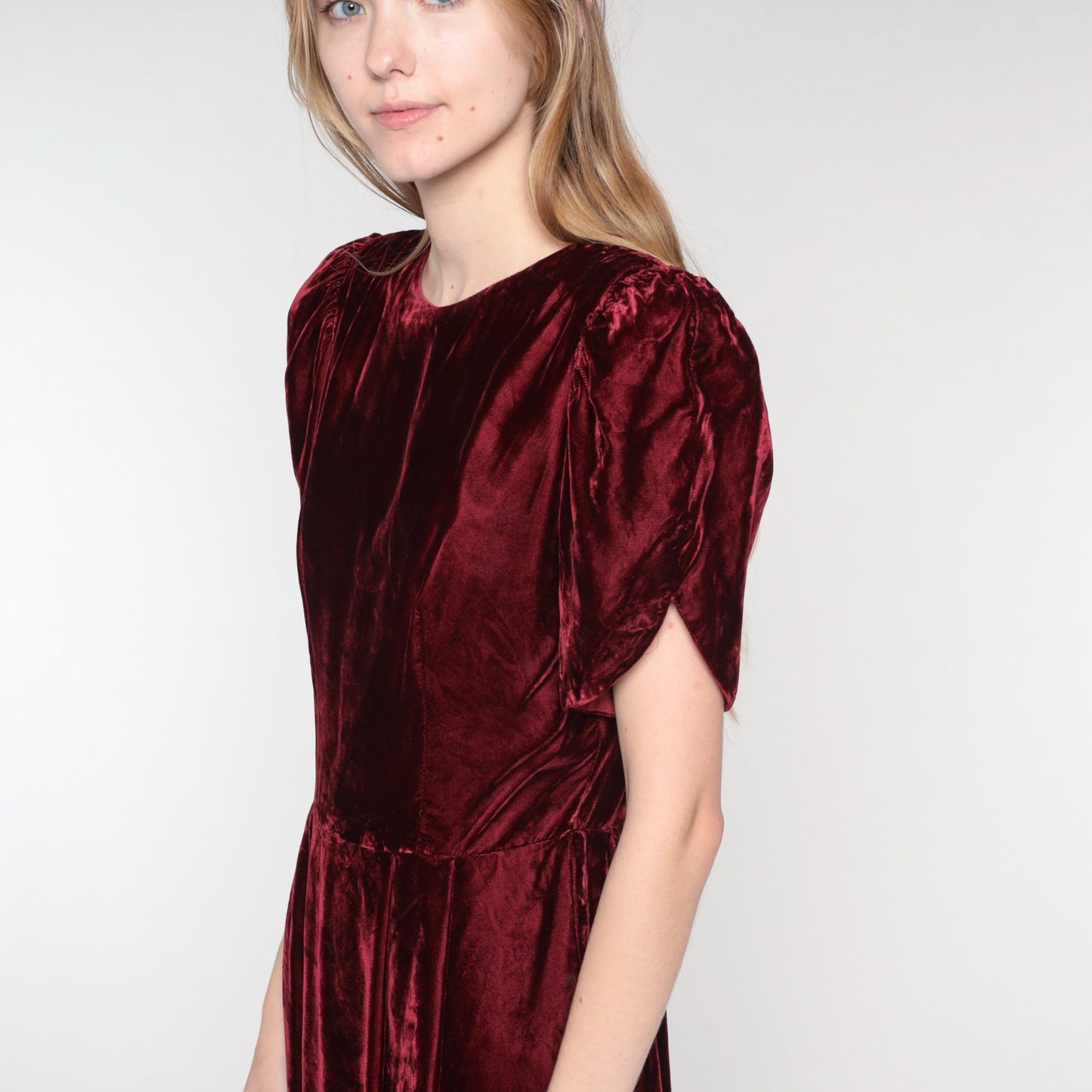 80s Lands End Burgundy Velvet Midi Dress Puff Sleeve Low Back Medium