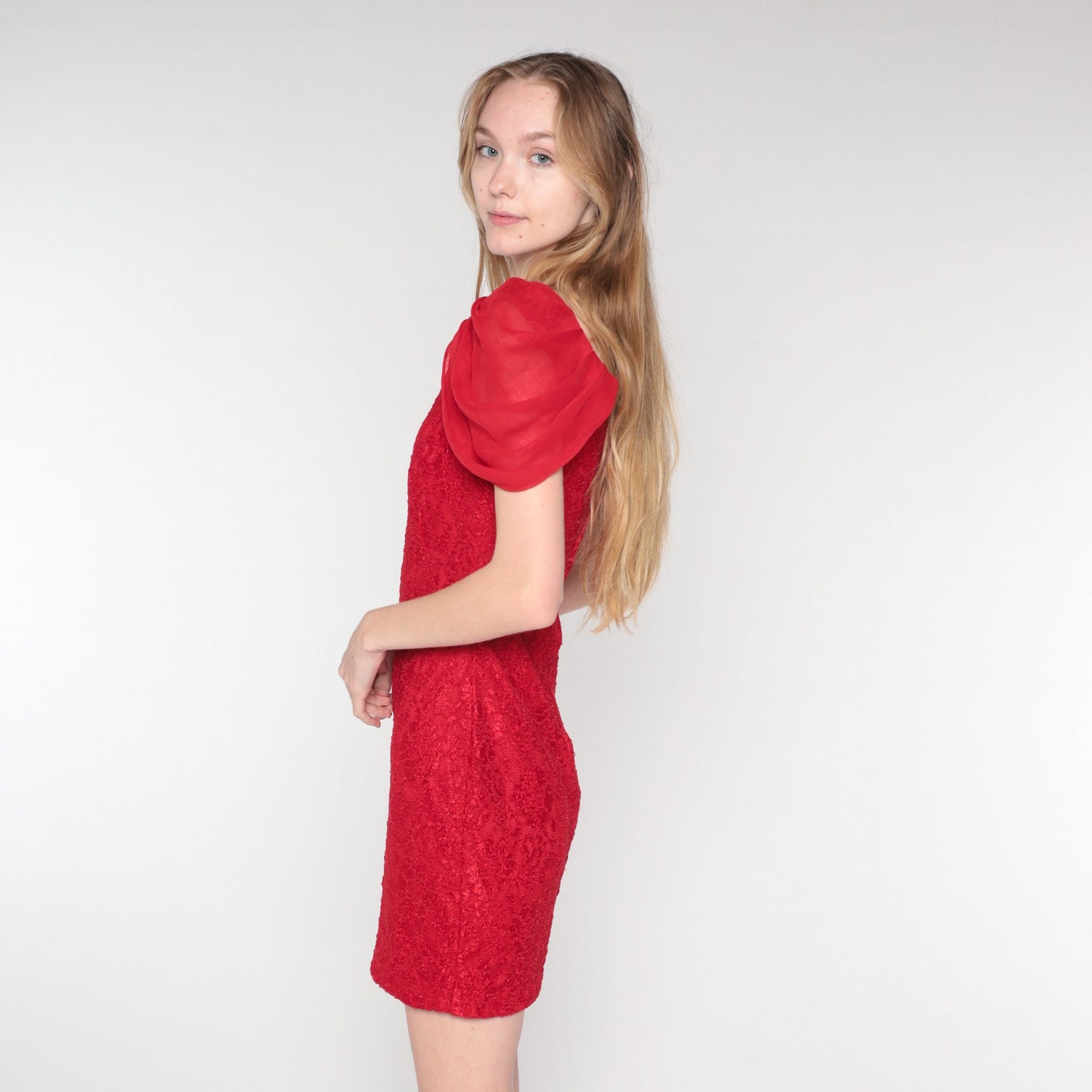 90s Red Lace Mini Dress Sheath Draped Sleeve Cocktail Extra Small