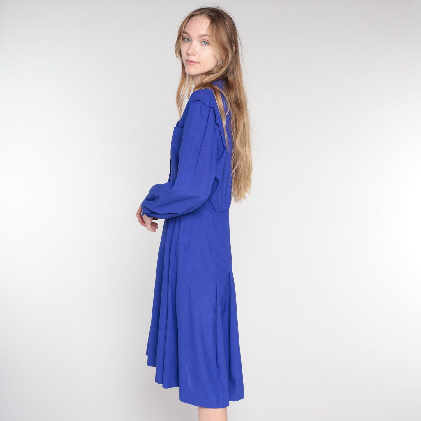 90s Deep Purple Button-Up Midi Dress High Waist Long Sleeve Medium M