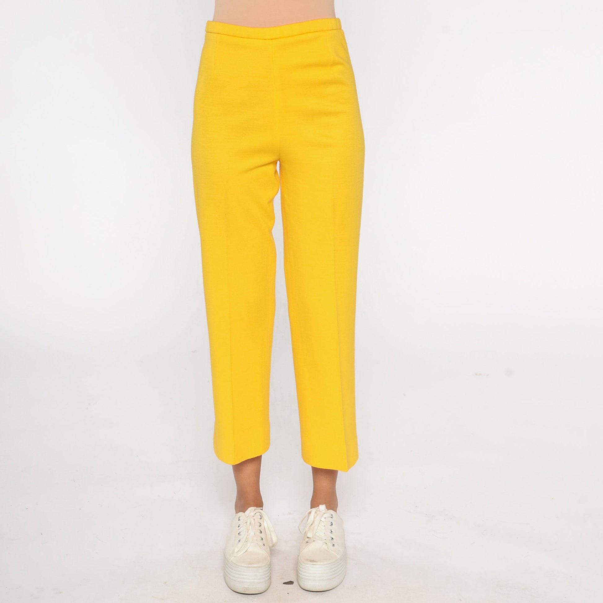 70s Bright Yellow High-Rise Straight Leg Trousers Ankle Length Small
