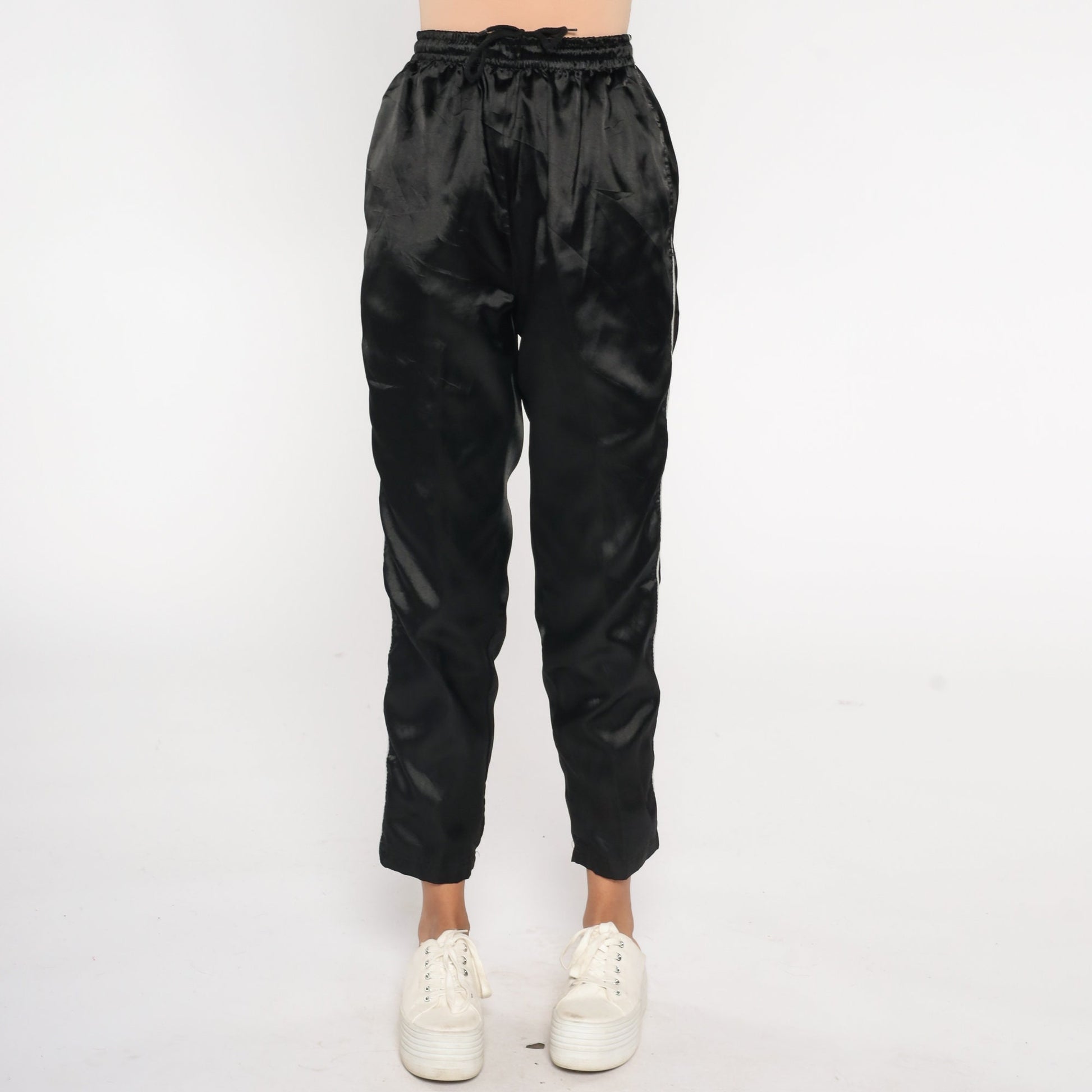 90s Black Track Pants White Stripe Shiny Joggers Small S