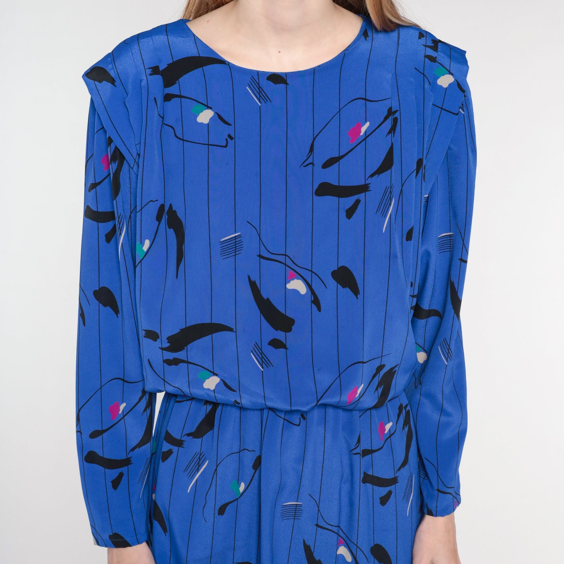 80s Blue Striped Abstract Blouson Midi Dress Long Sleeve Small