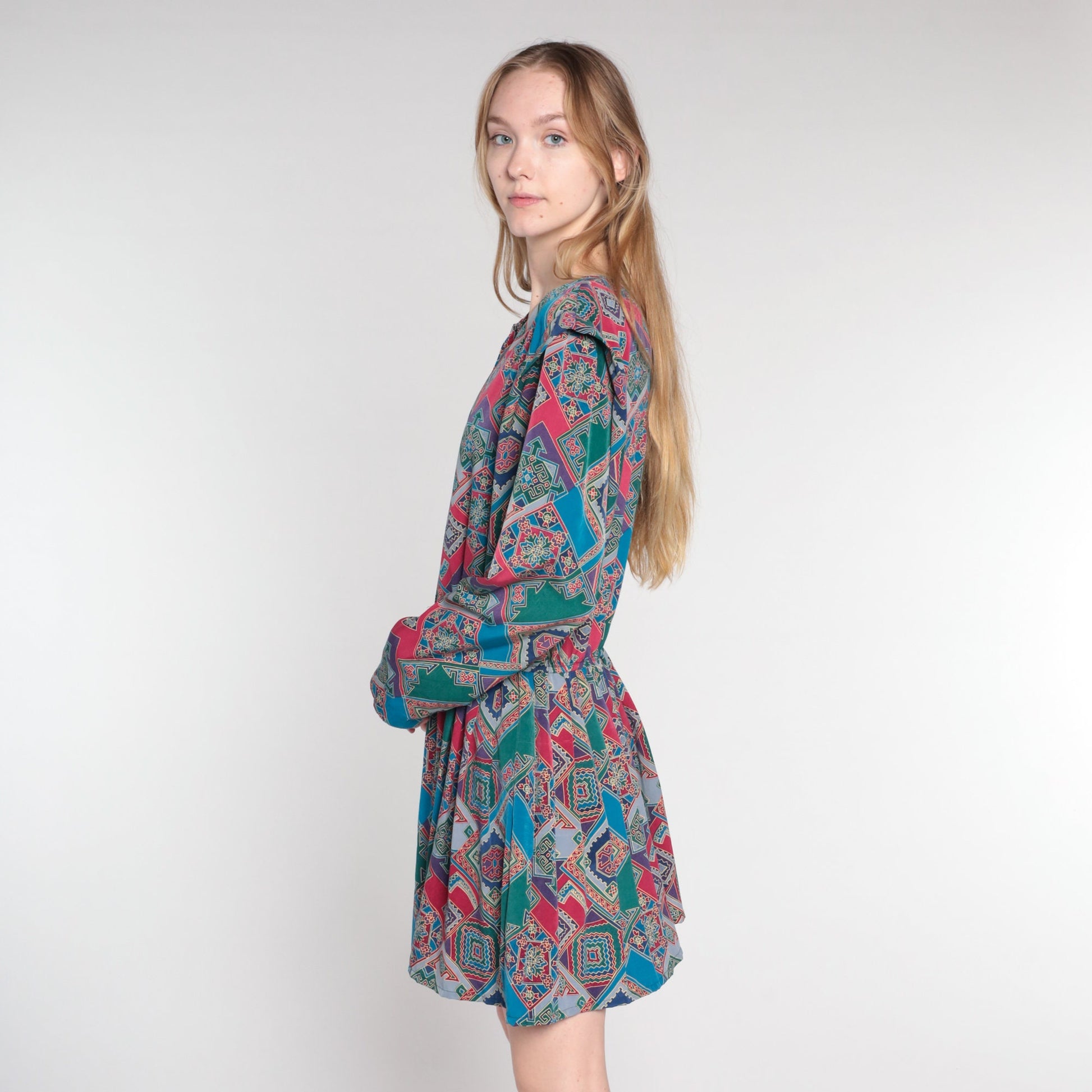 80s Leslie Fay Geometric Mini Dress Colorful Tile Print Long Sleeve Medium