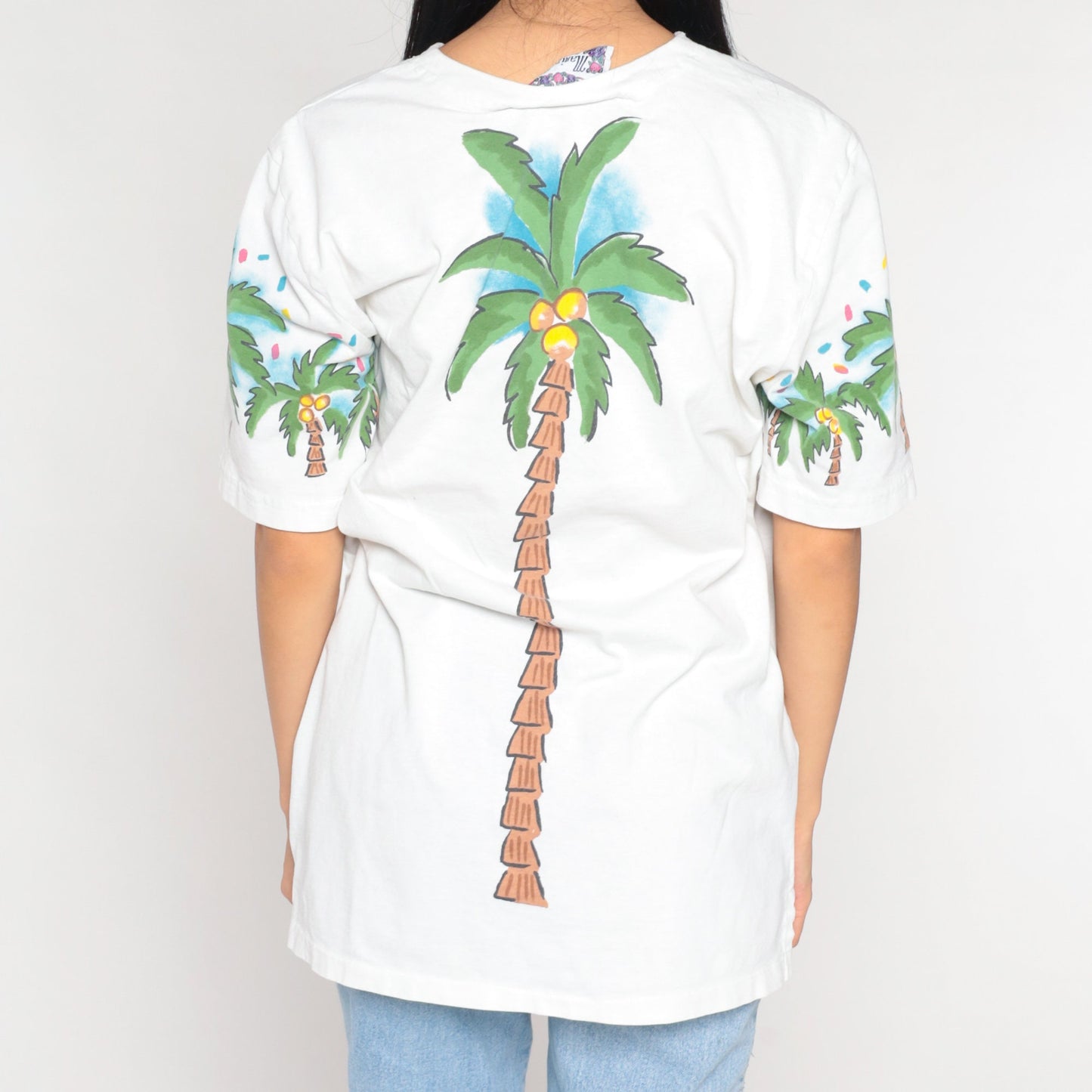 90s Tropical Fruit Palm Tree Graphic T-Shirt Cotton Single Stitch Medium Large