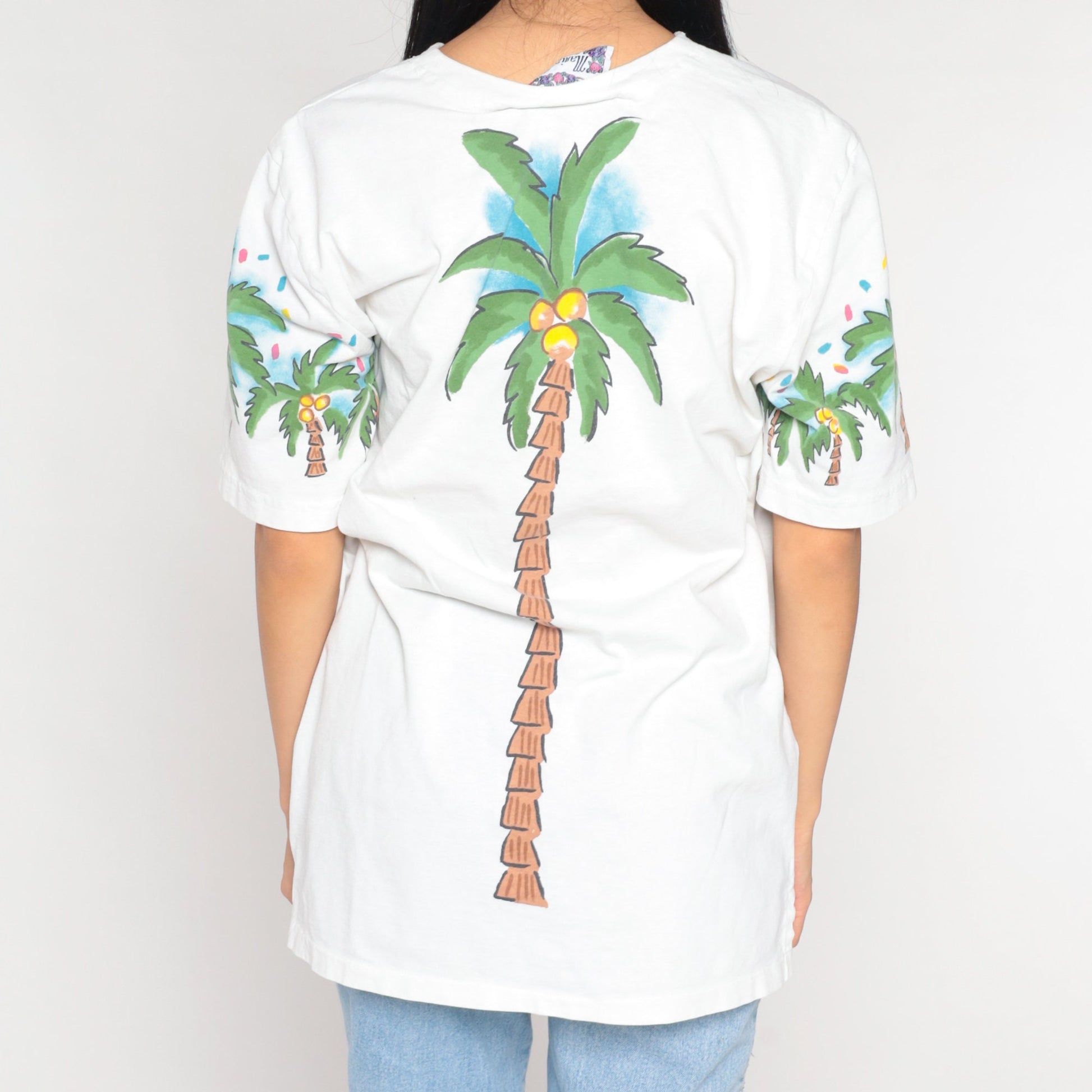 90s Tropical Fruit Palm Tree Graphic T-Shirt Cotton Single Stitch Medium Large
