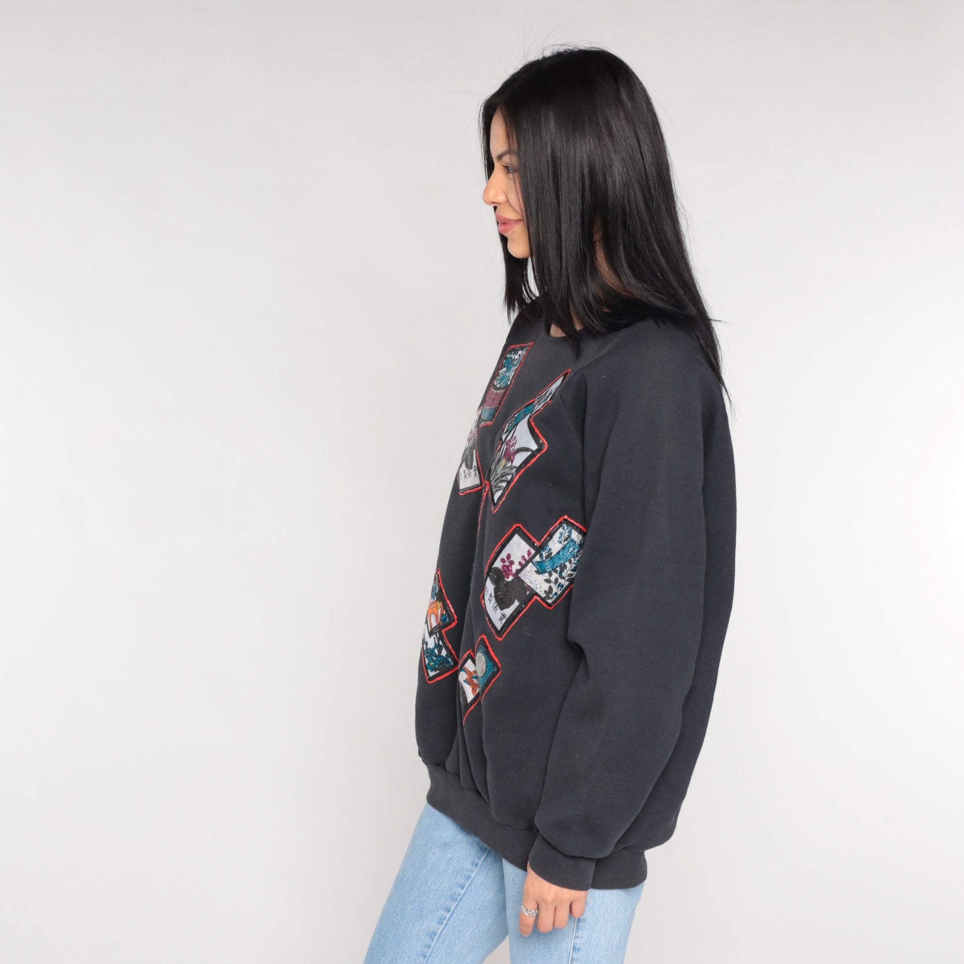 90s Glitter Floral Sweatshirt Black Asian Postcard Graphic Crewneck Extra Large XXL
