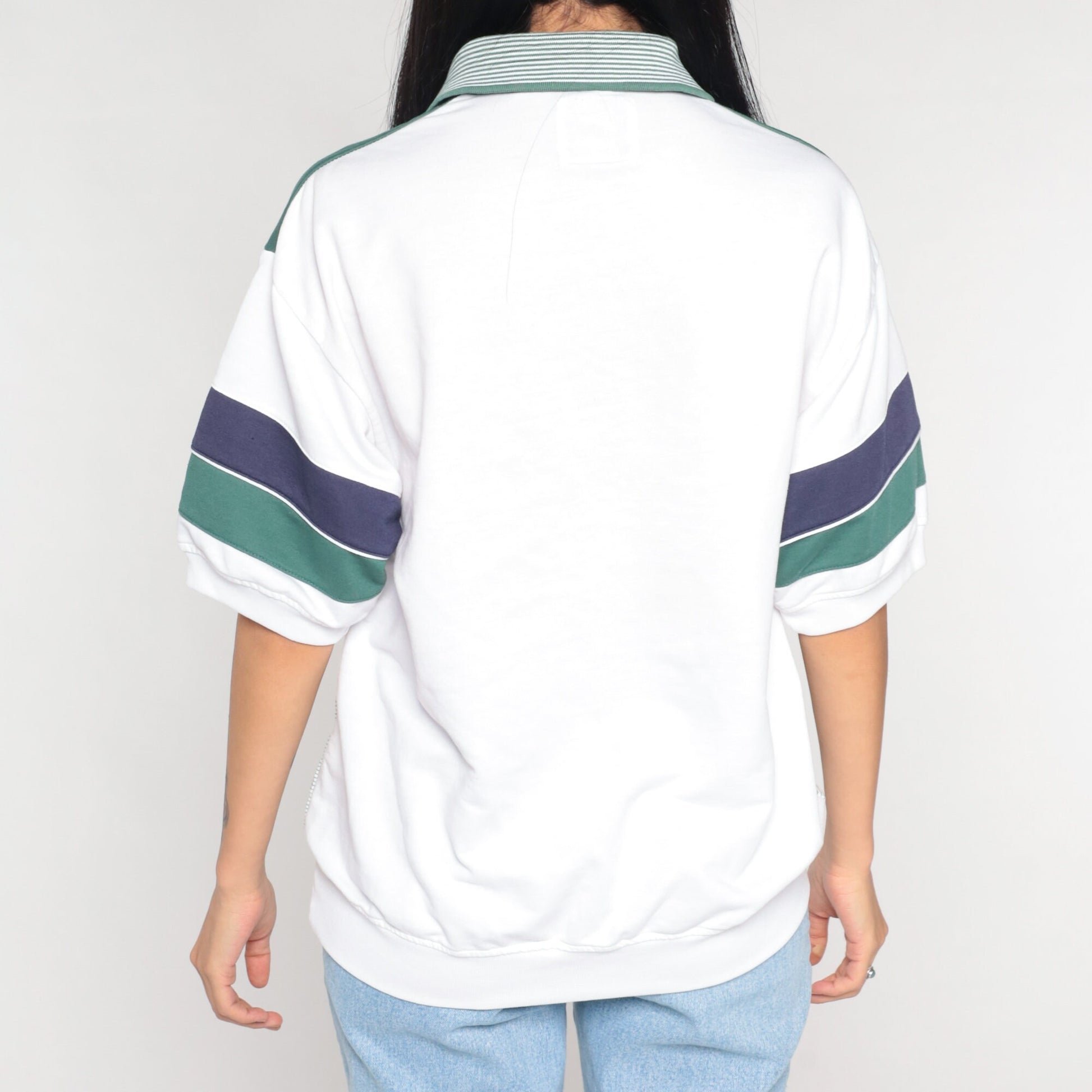 90s Striped Polo Shirt White Blue Green Banded Hem Collared Medium M