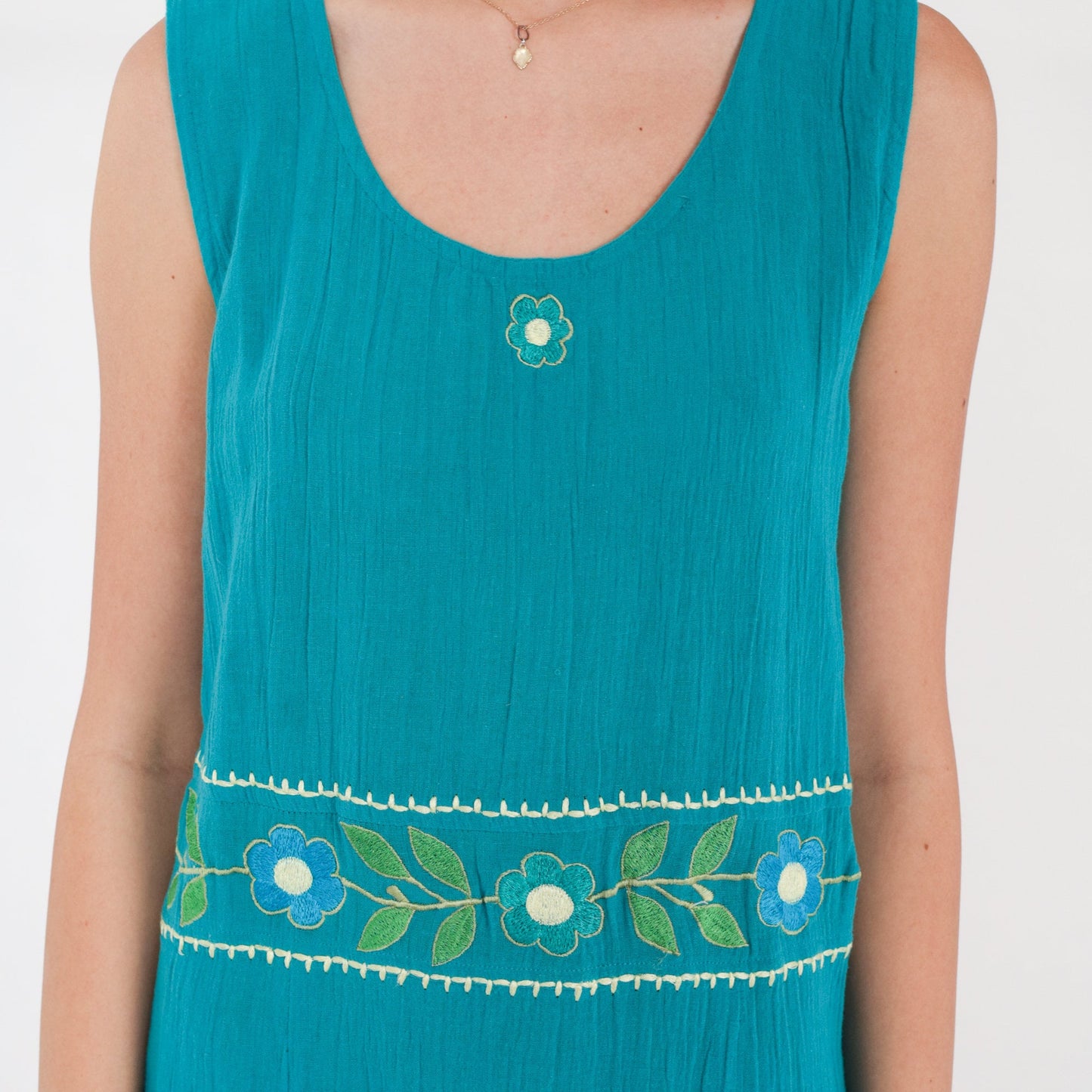 Y2K Turquoise Floral Embroidered Cotton Maxi Dress Sleeveless Large L