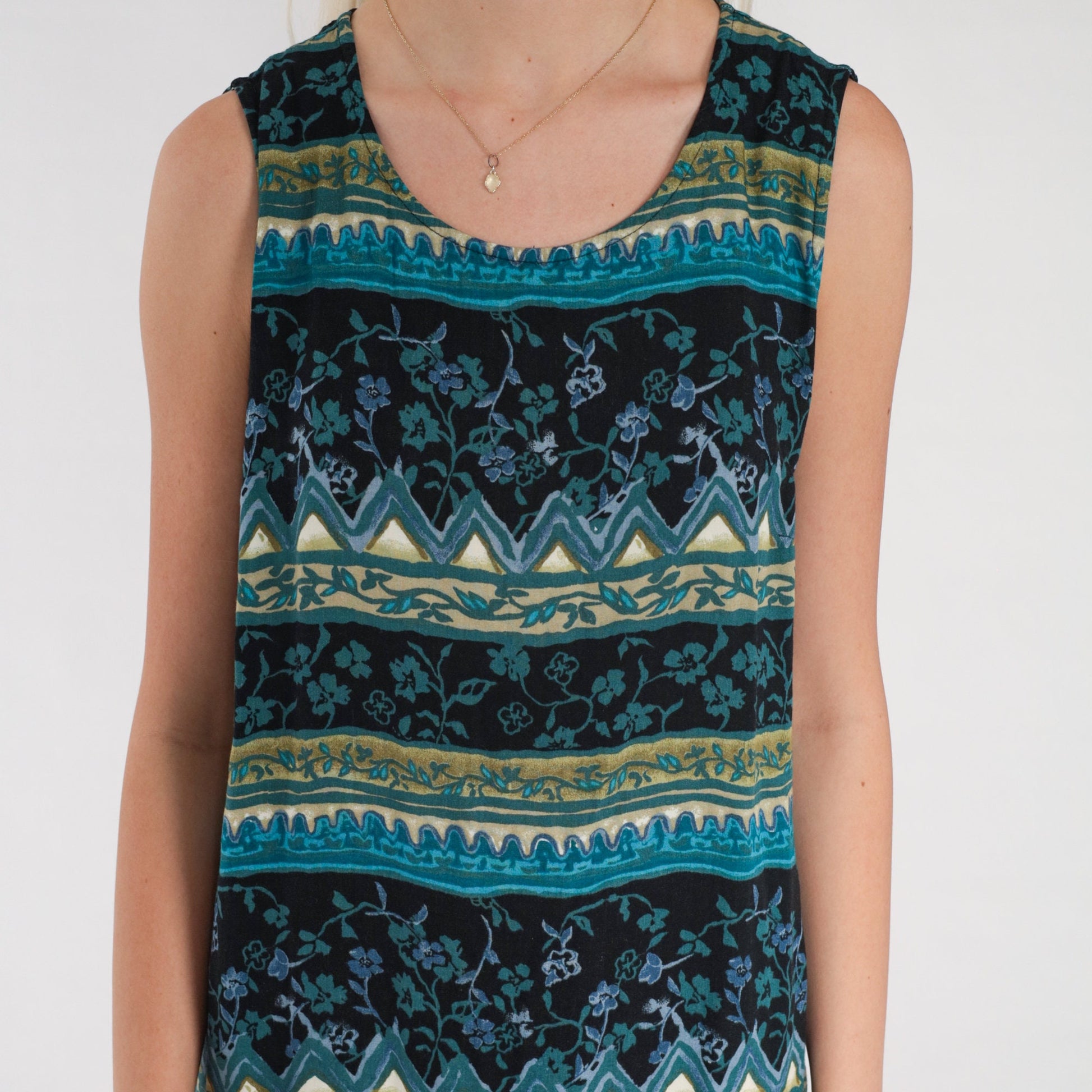 Y2K Striped Floral Maxi Dress Sleeveless Shift Black Blue Side Slit Large L