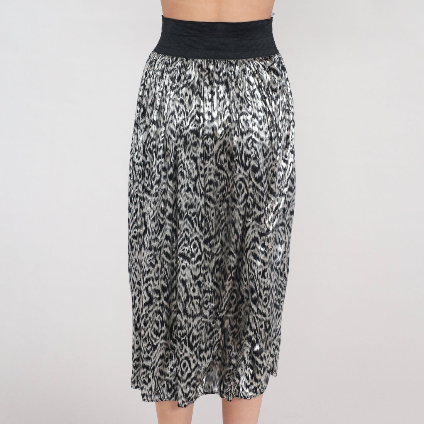 80s Metallic Abstract Midi Skirt Silver Black High Waist Elastic Extra Small