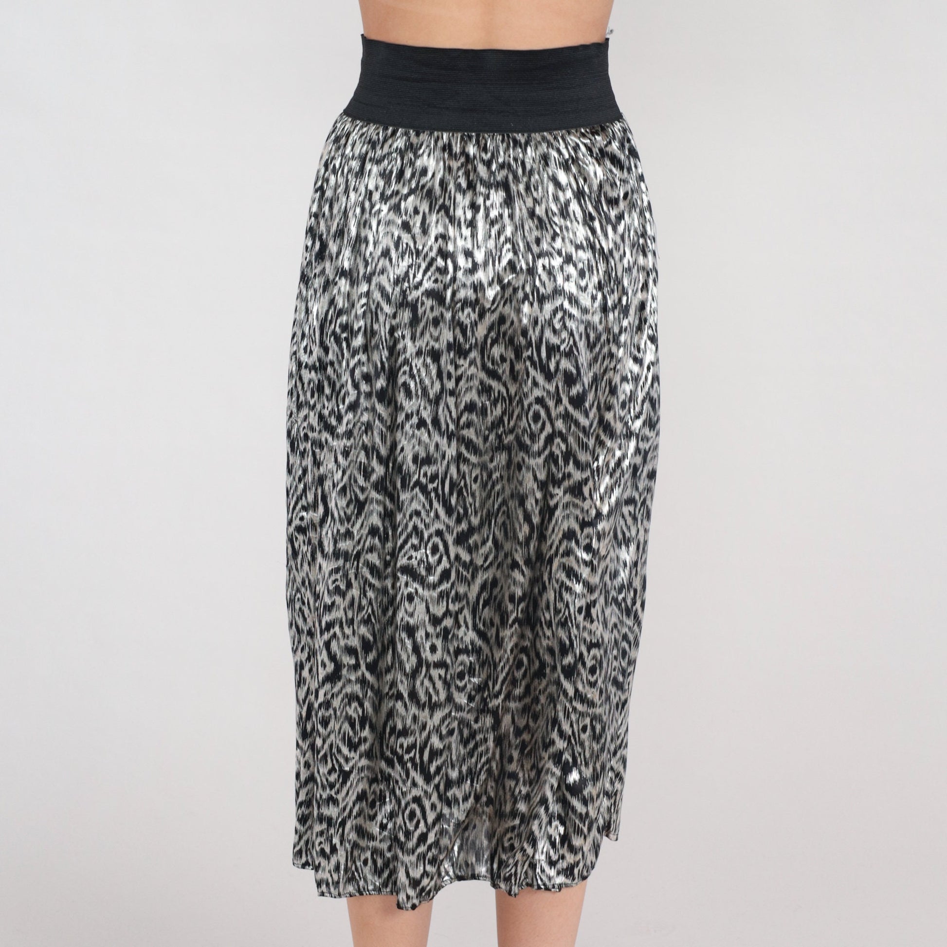 80s Metallic Abstract Midi Skirt Silver Black High Waist Elastic Extra Small