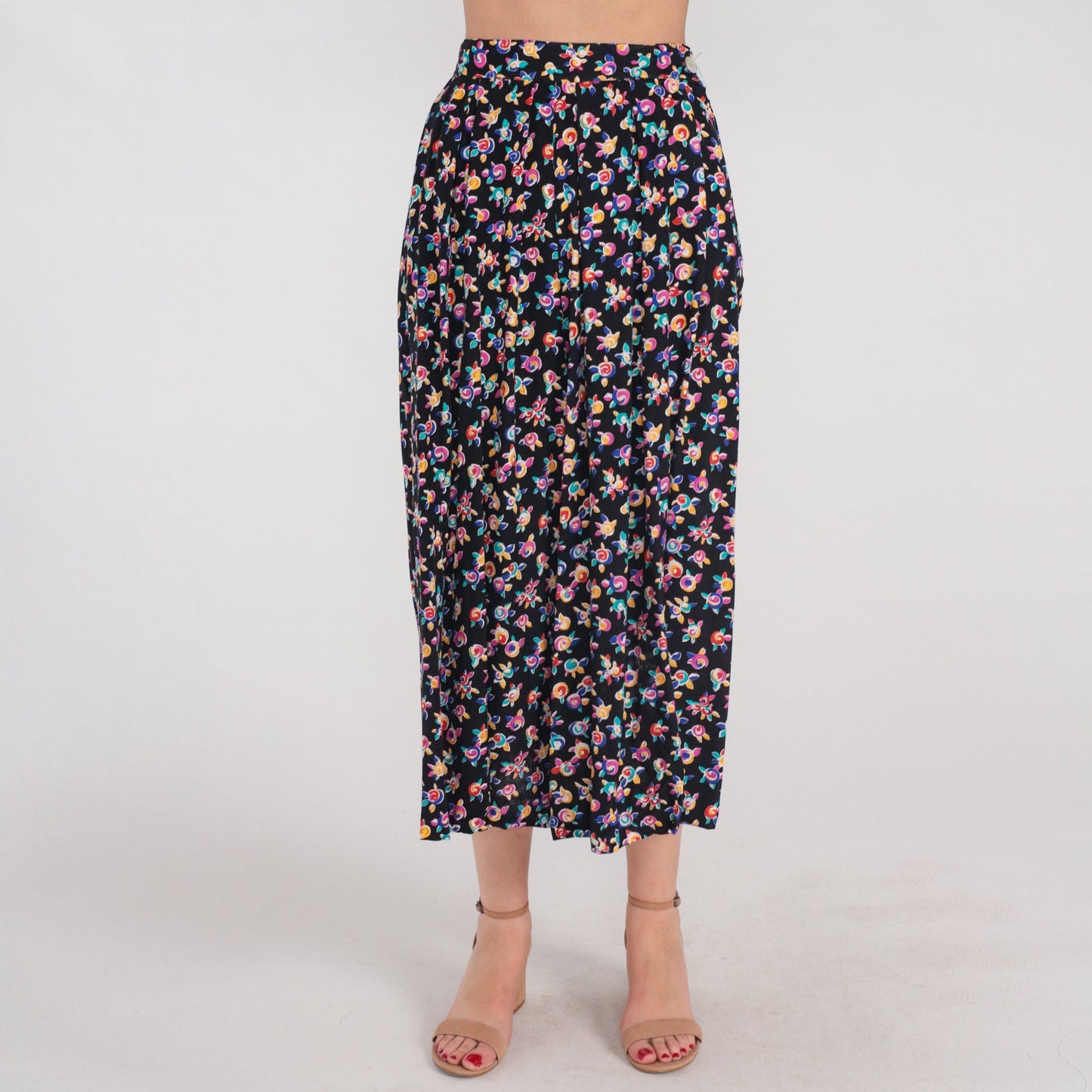 90s Black Floral Midi Skirt High Waist Pleated Rose Print Small