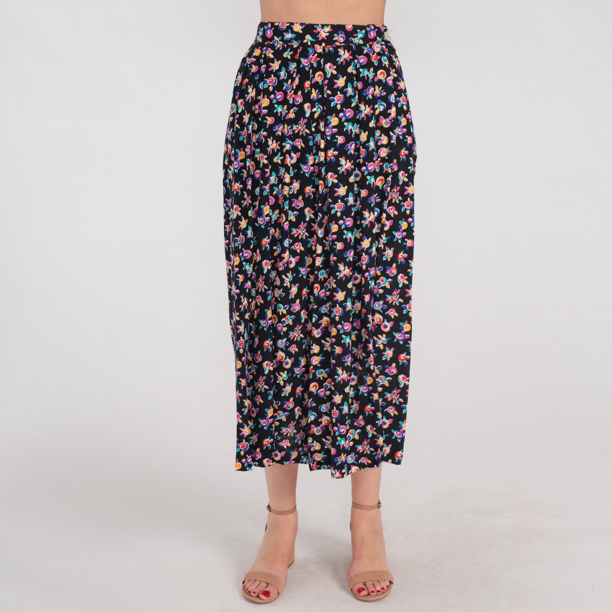 90s Black Floral Midi Skirt High Waist Pleated Rose Print Small