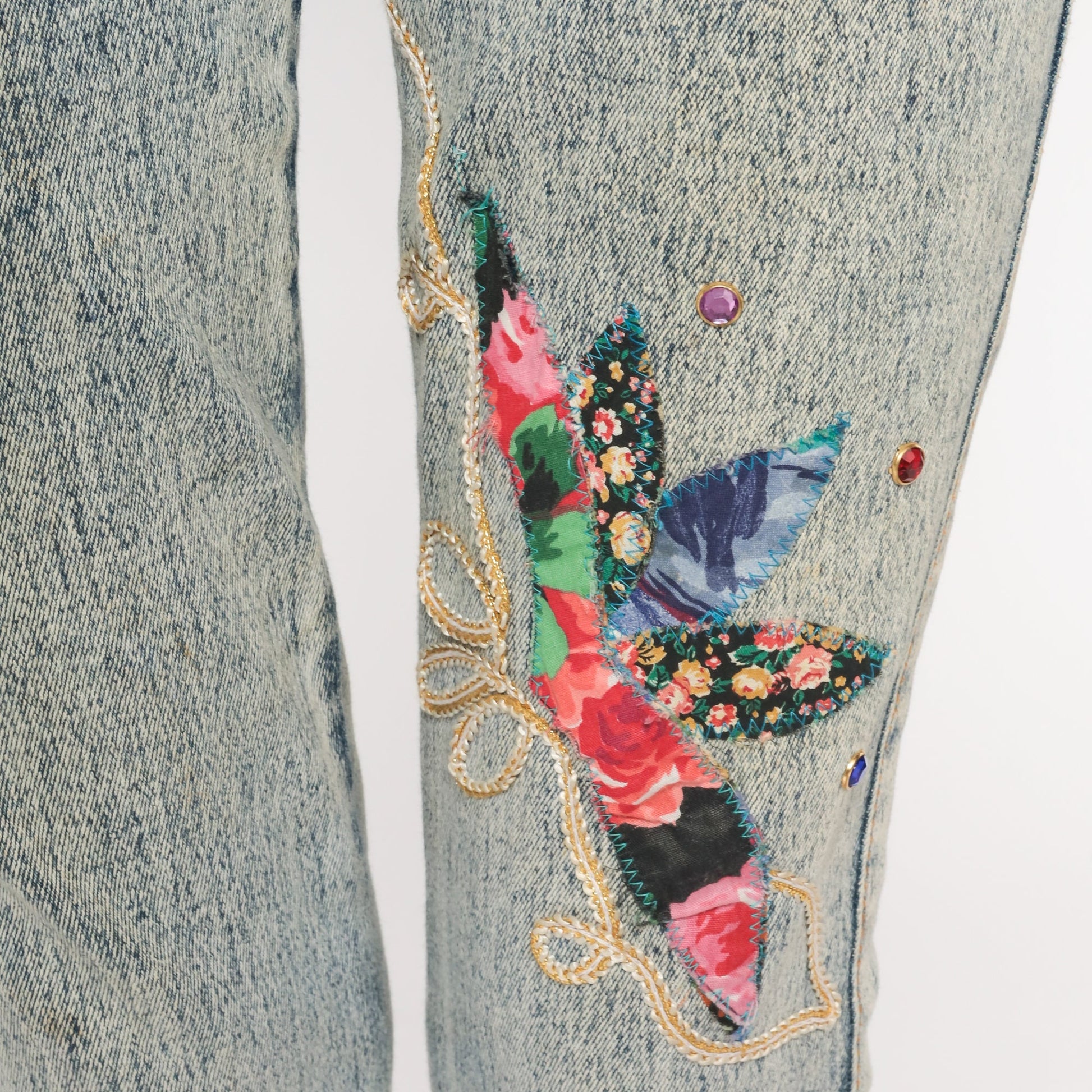 80s Acid Wash Beaded High-Waist Skinny Jeans Blue Denim Small