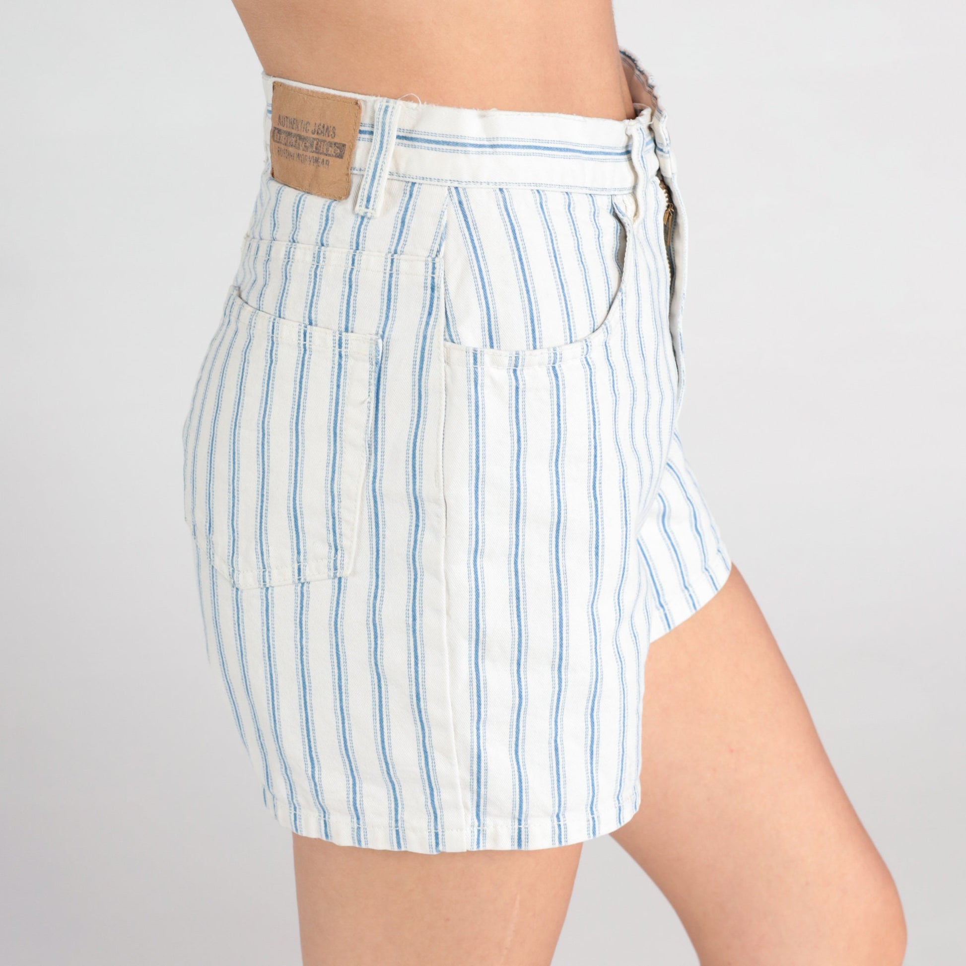 90s Bossini Striped Denim Shorts High Waisted White Blue Small S