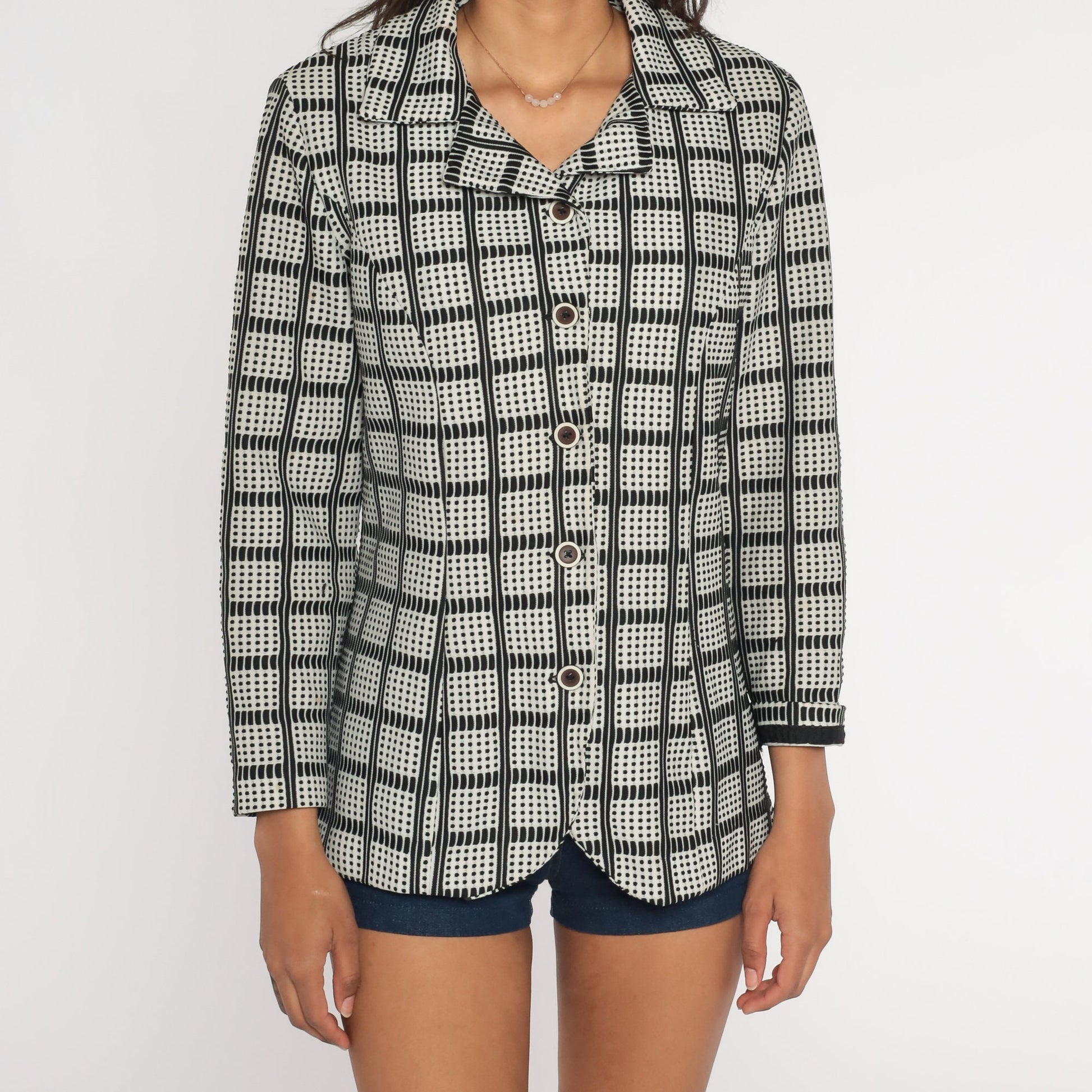 70s Checkered Button-Up Shirt Black White Collared Long Sleeve Medium