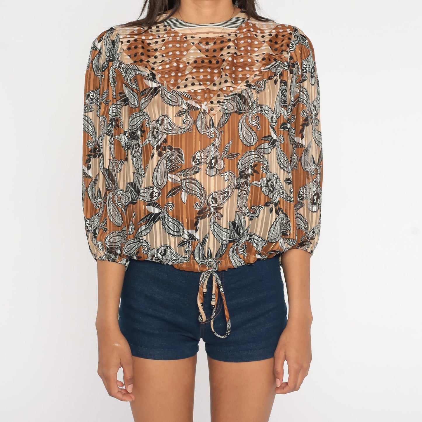 80s Diane Freis Paisley Floral Crop Top Puff Sleeve Blouse Brown Medium Large