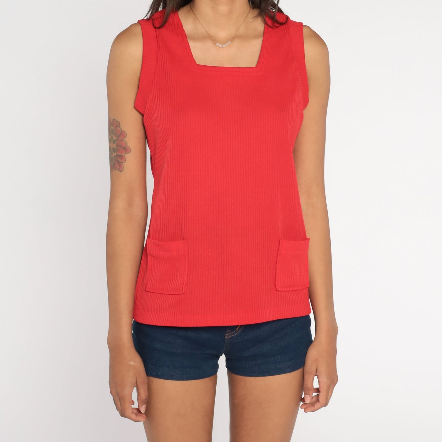 70s Red Ribbed Tank Top Pocket Sleeveless Knit Blouse Small Medium