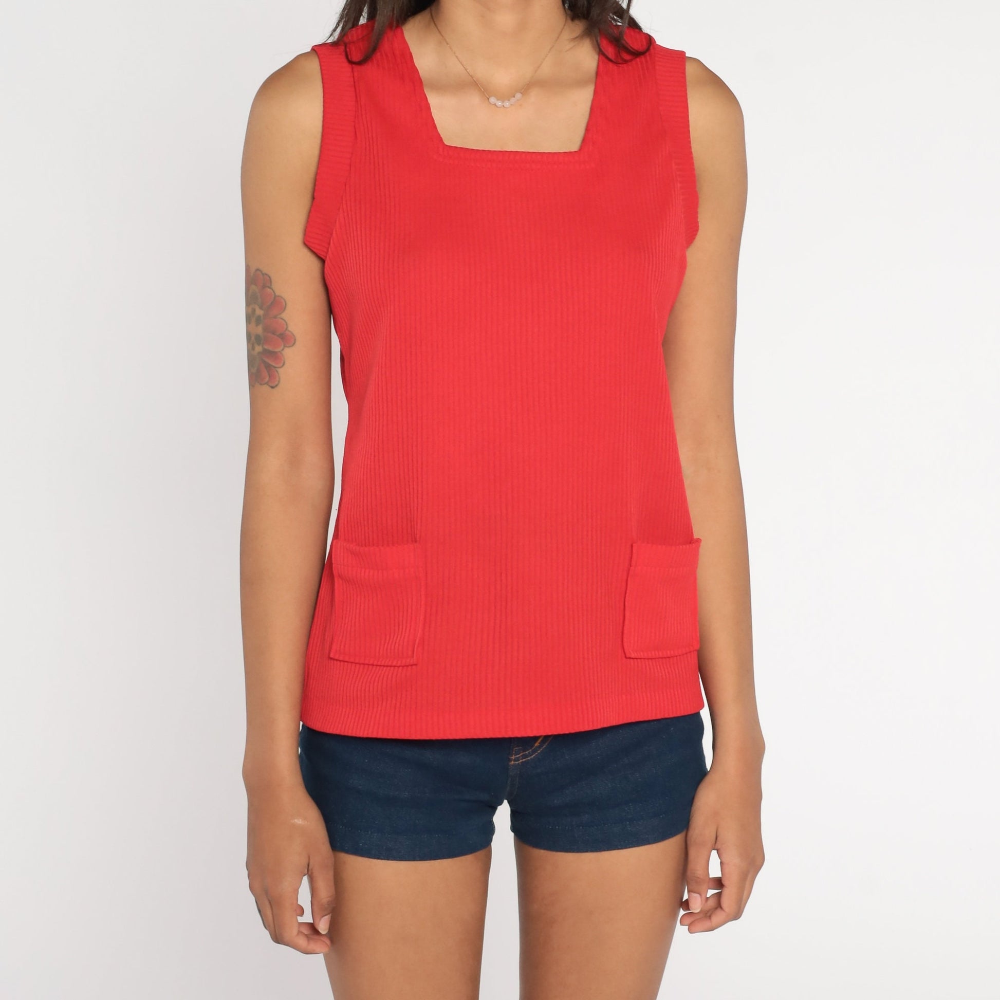 70s Red Ribbed Tank Top Pocket Sleeveless Knit Blouse Small Medium