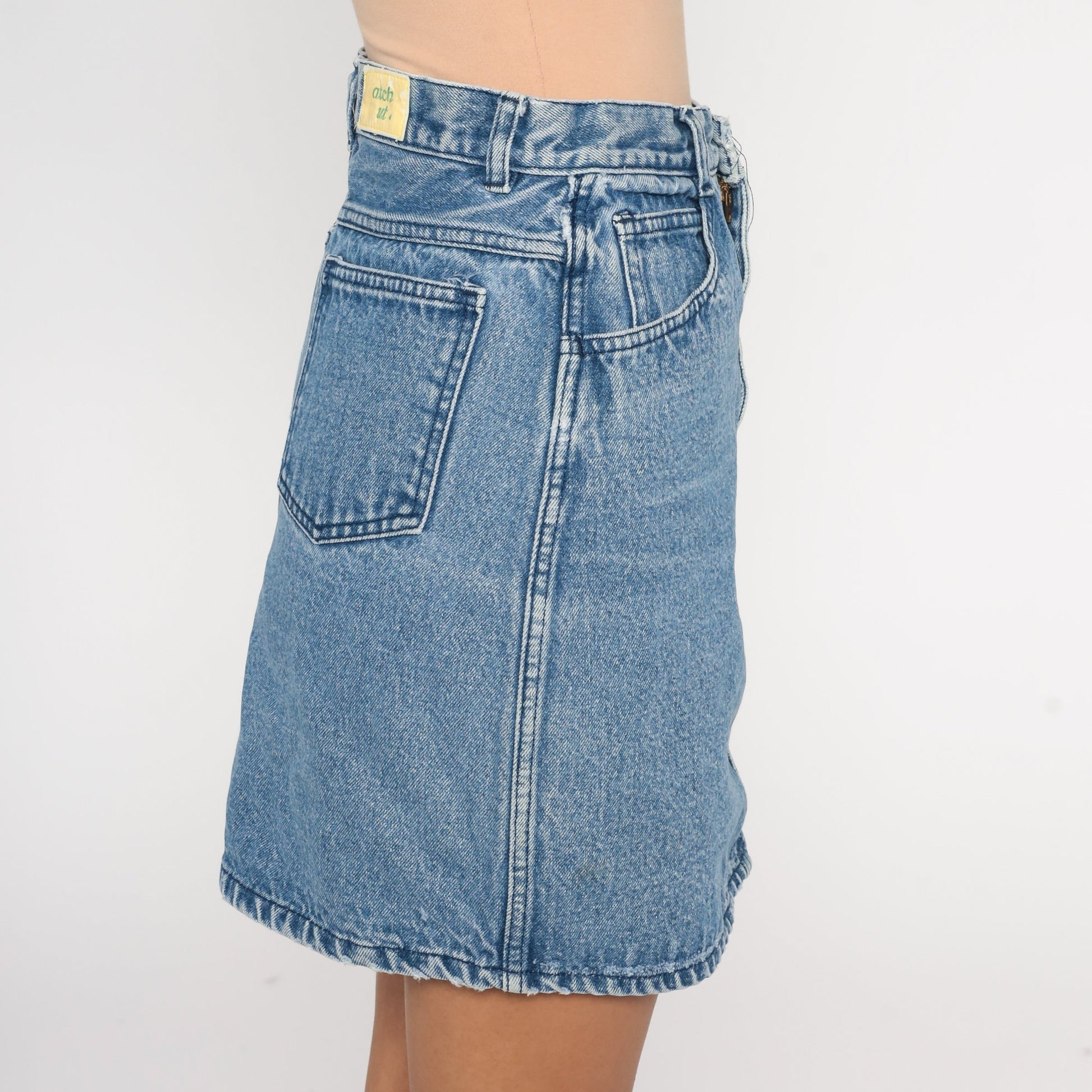 90s Blue Denim Mini Skirt High Waist Pencil Cut Small
