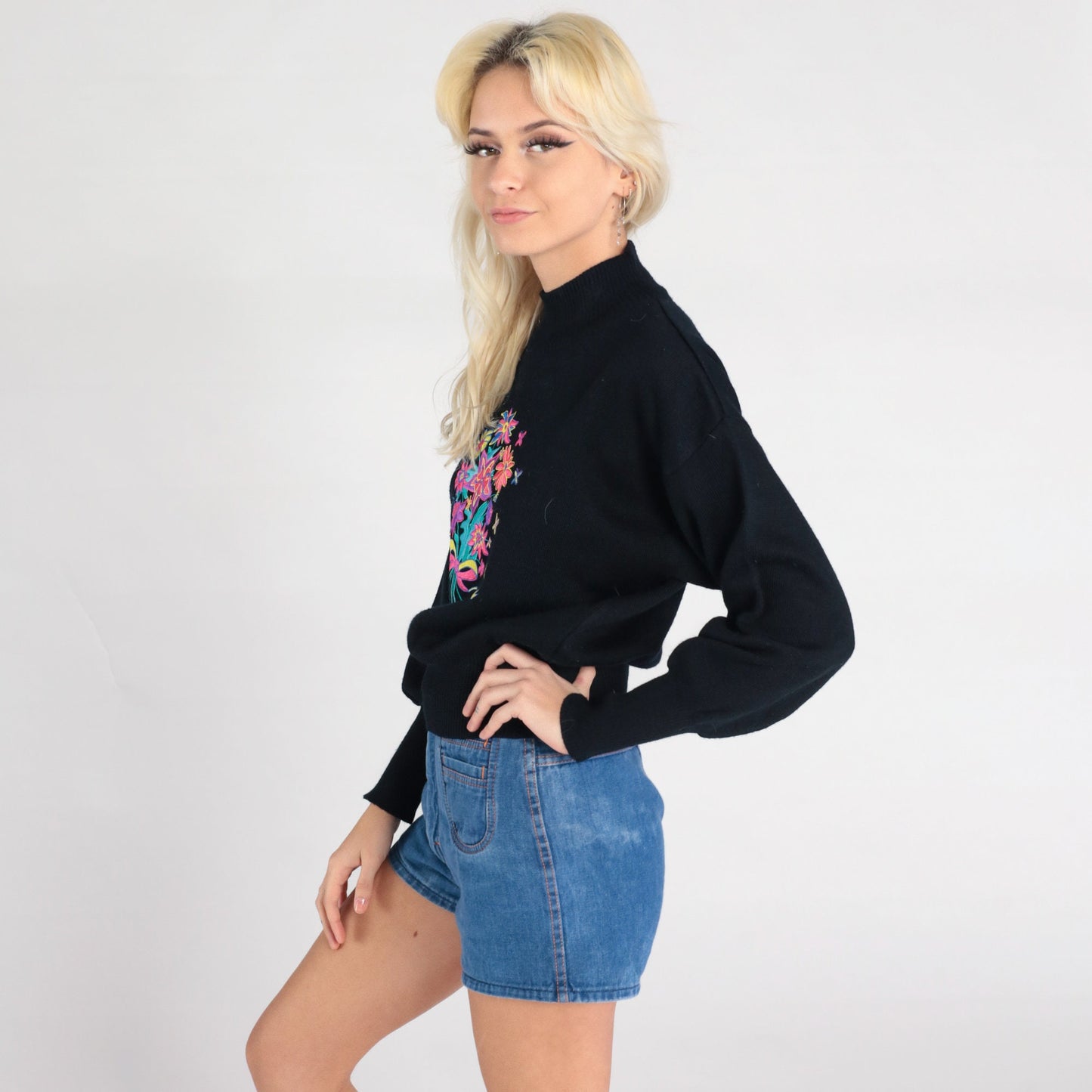 80s Meister Wool Embroidered Floral Mock Neck Sweater Black Small