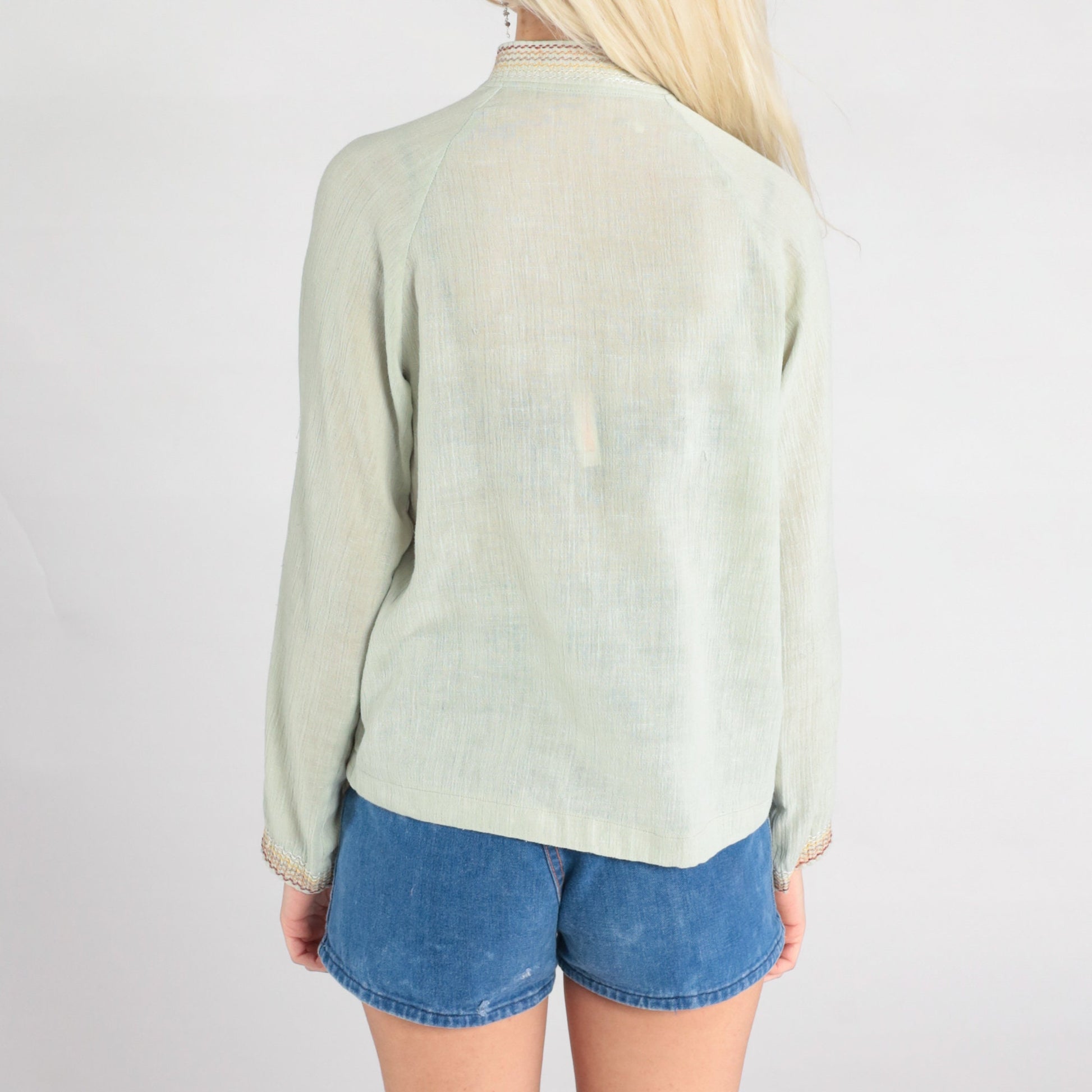 70s Sage Green Semi-Sheer Button-Up Blouse Embroidered Raglan Sleeve Small