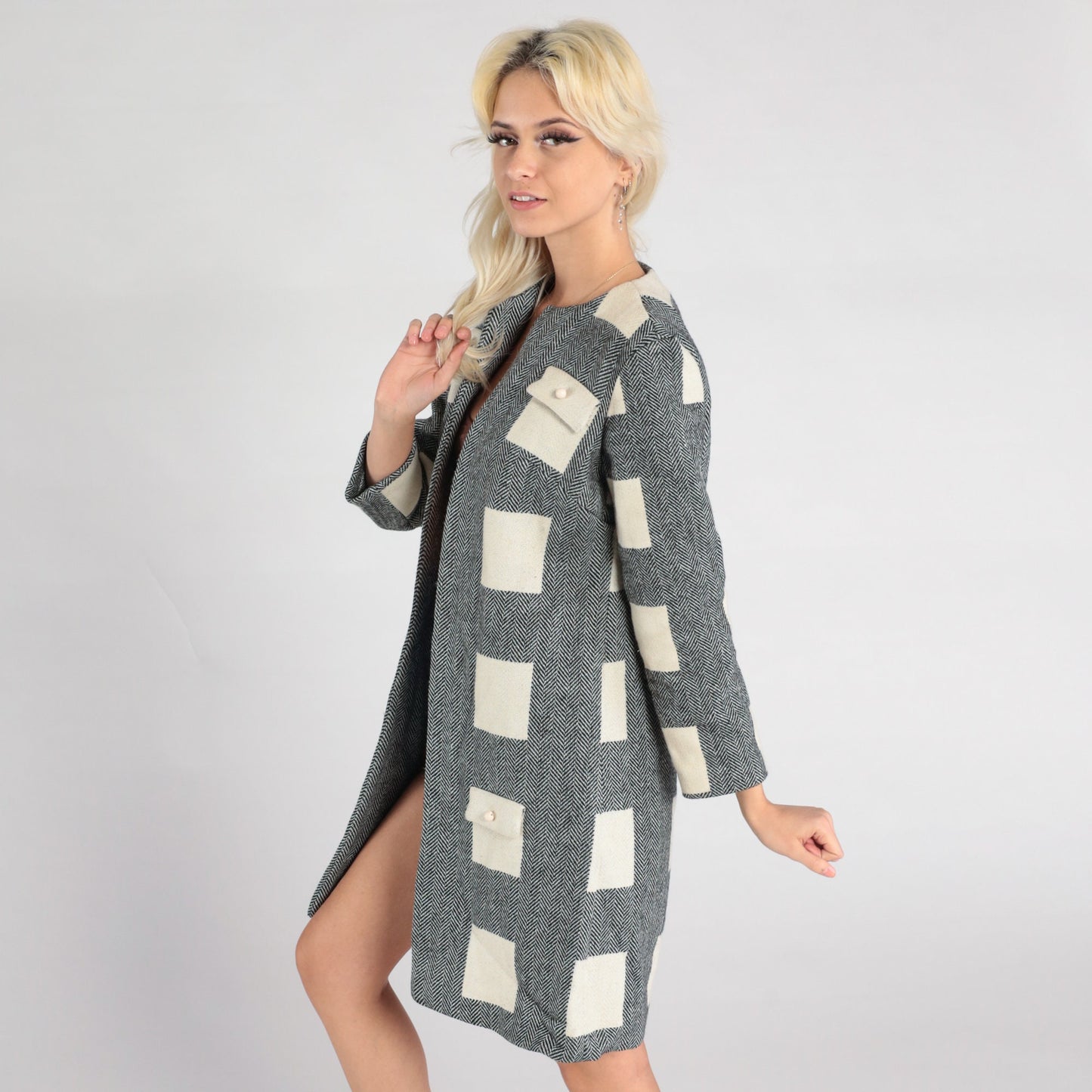 60s Wool Herringbone Mod Jacket Black White Open Front Extra Small