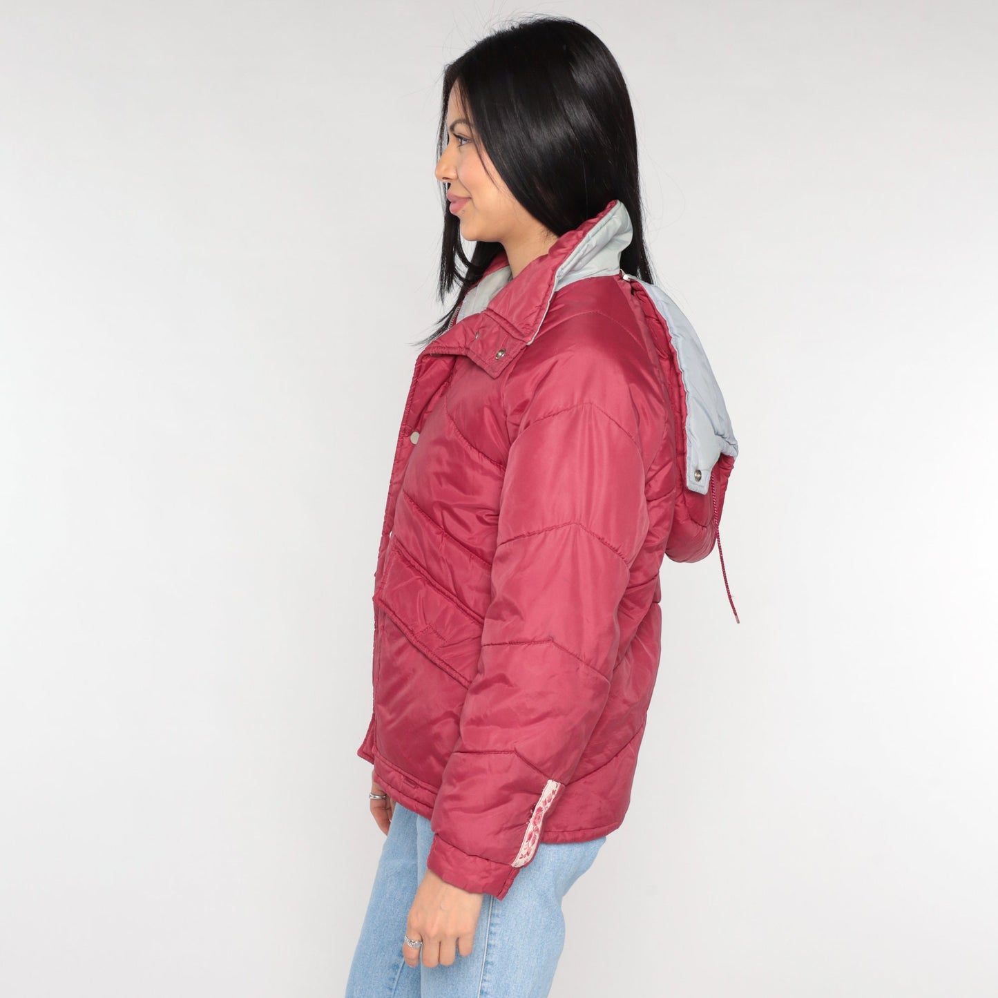 80s Red Puffer Ski Jacket Detachable Hood Nylon Puffy Coat Small