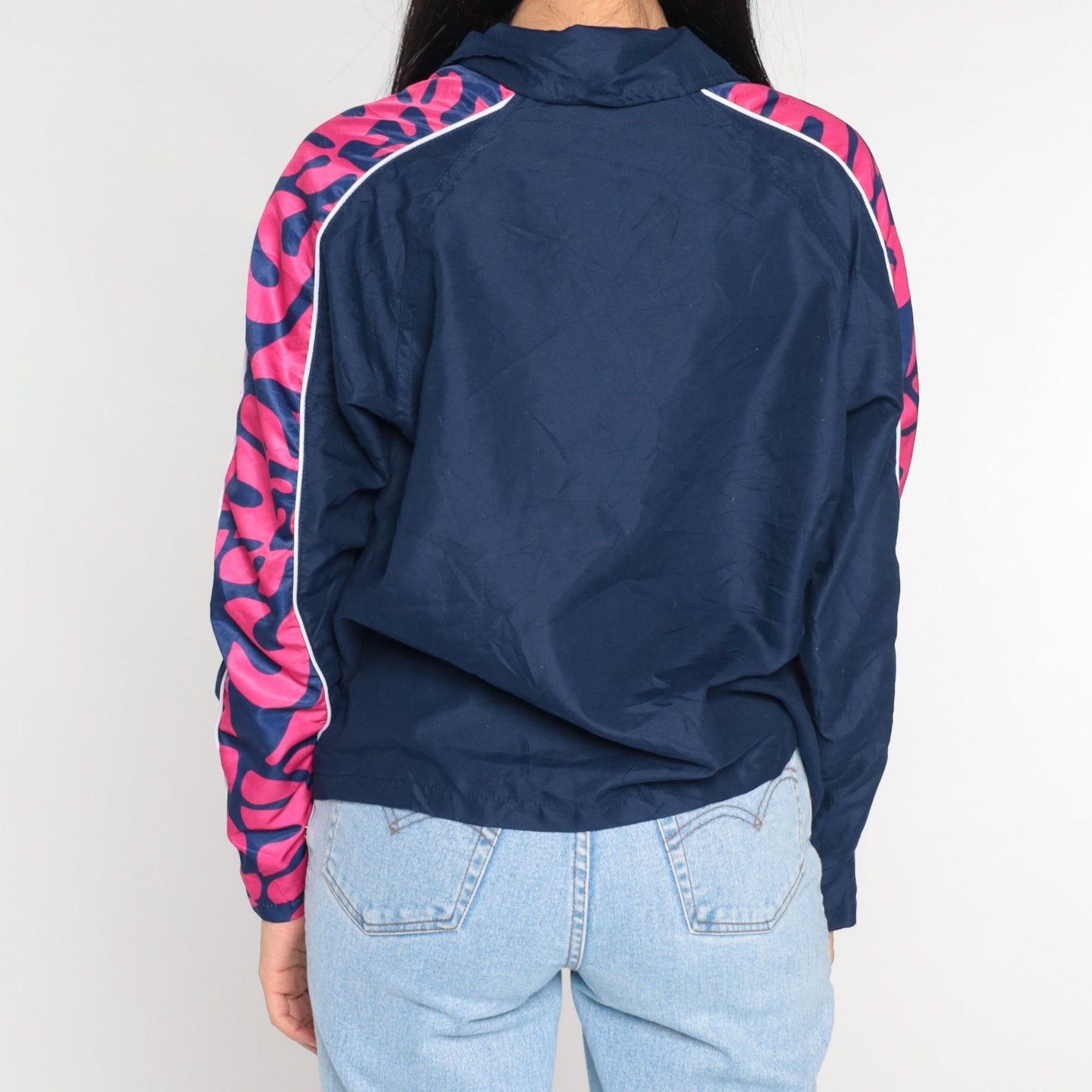 00s Navy Windbreaker Jacket Pink Abstract Print Zip-Up Extra Small