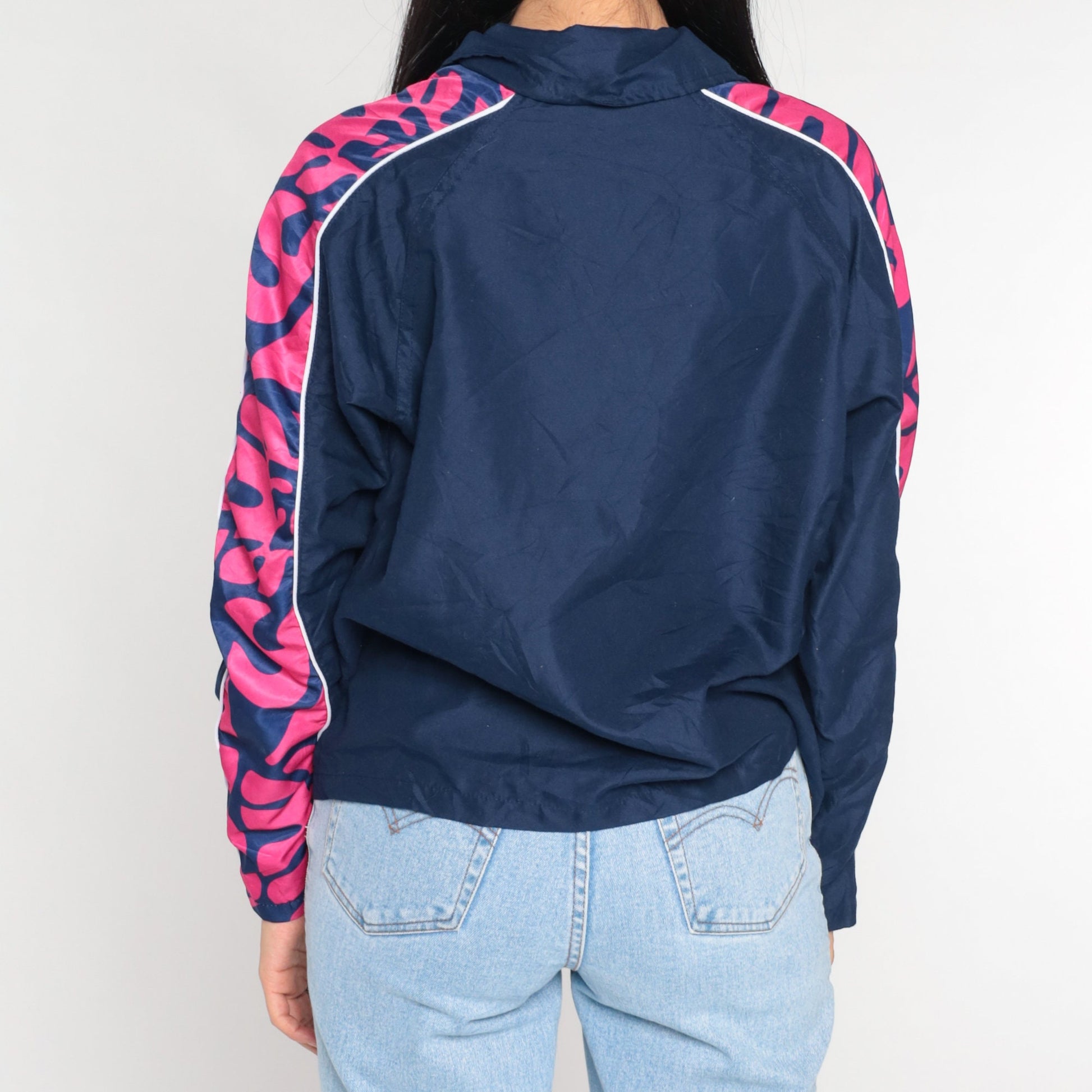 00s Navy Windbreaker Jacket Pink Abstract Print Zip-Up Extra Small