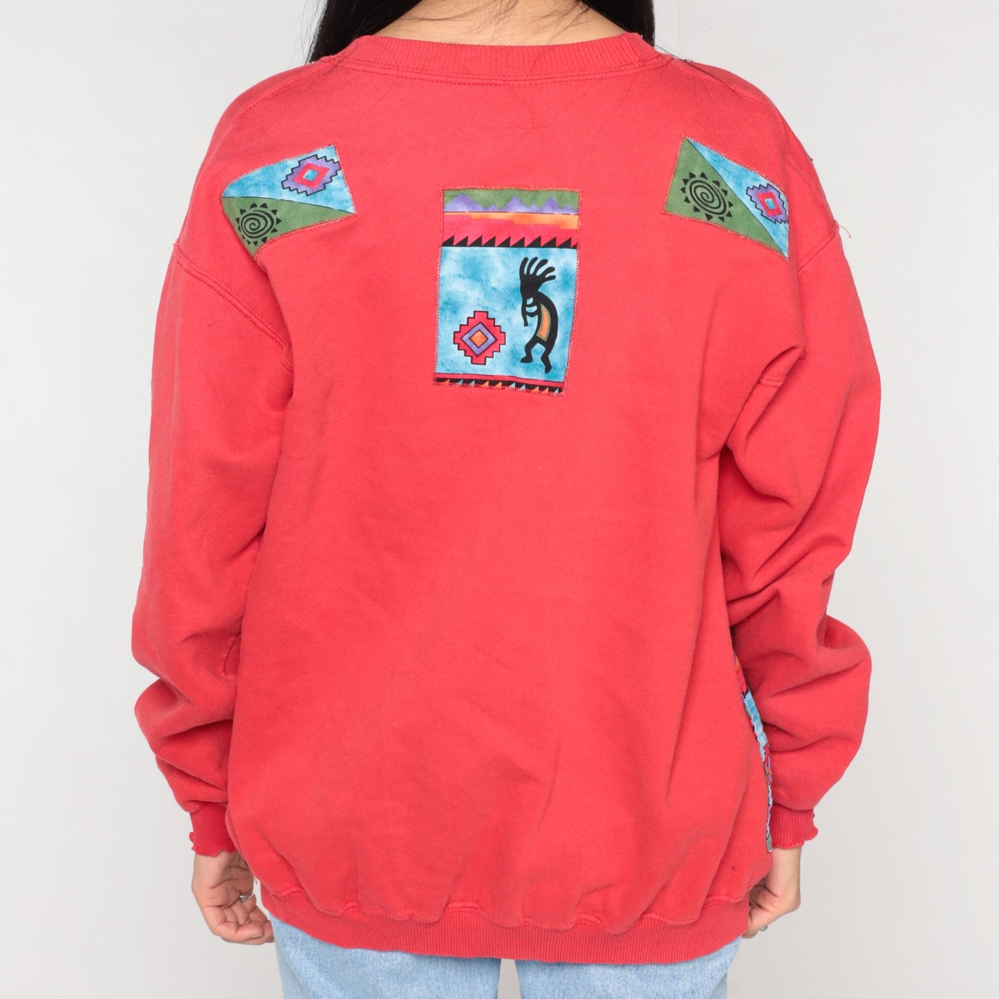 Y2K Southwestern Sweatshirt Cardigan Red Kokopelli Print Open Front Medium M