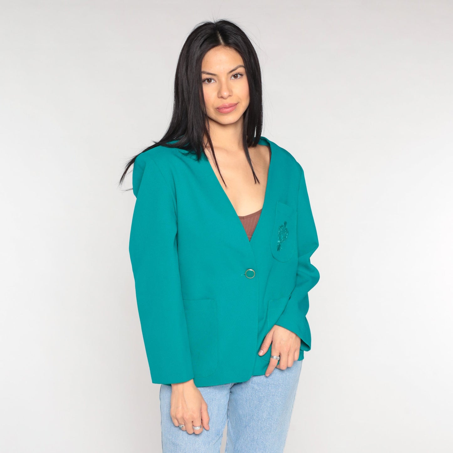 80s Teal Blazer Floral Embroidered Button-Up Jacket V-Neck Medium