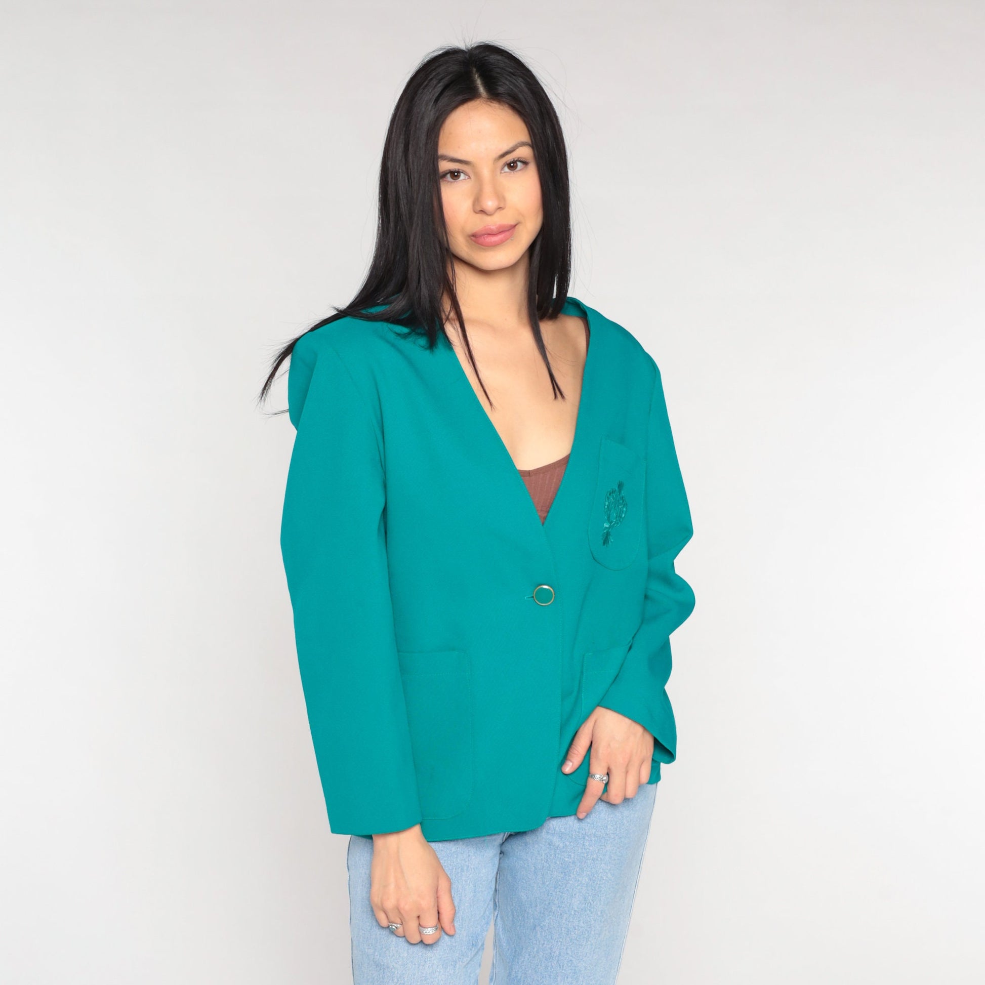 80s Teal Blazer Floral Embroidered Button-Up Jacket V-Neck Medium