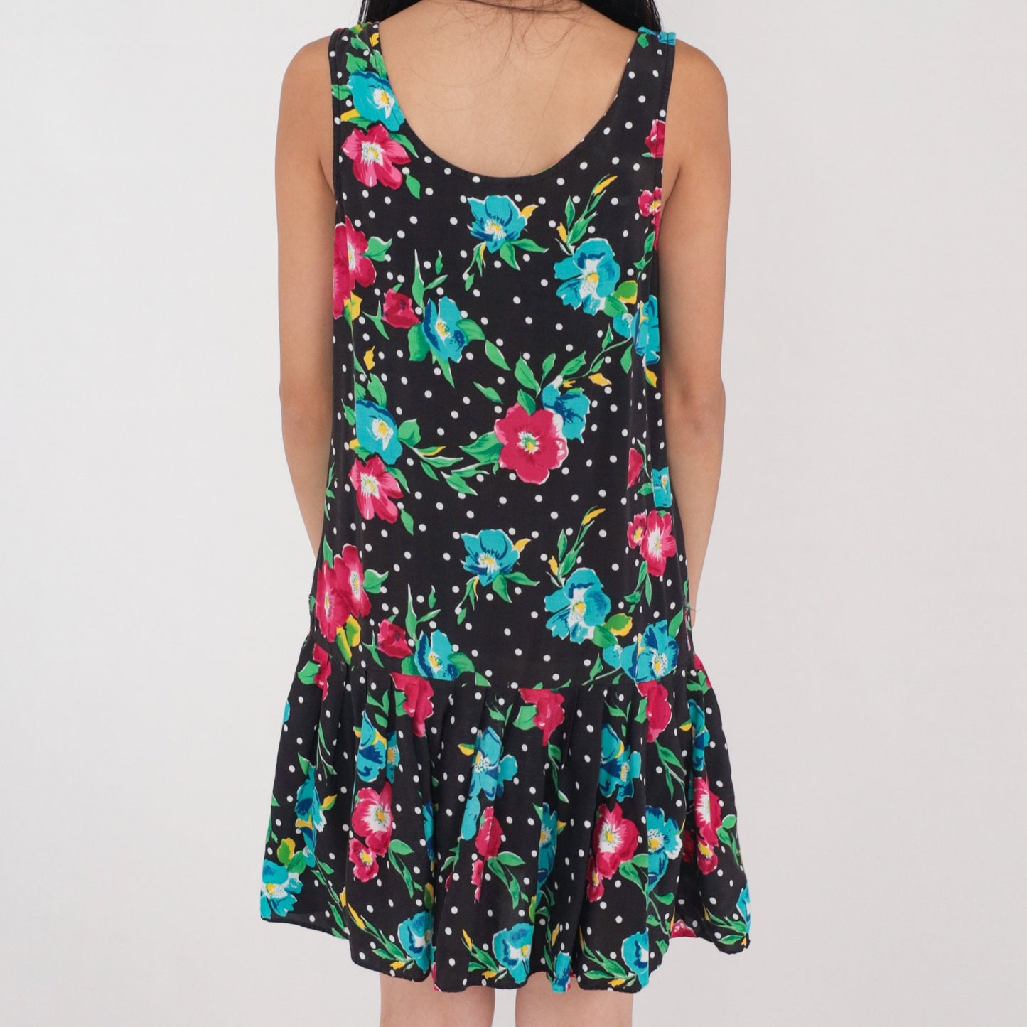 90s Black Floral Polka Dot Mini Dress Drop Waist Ruffle Sleeveless Small