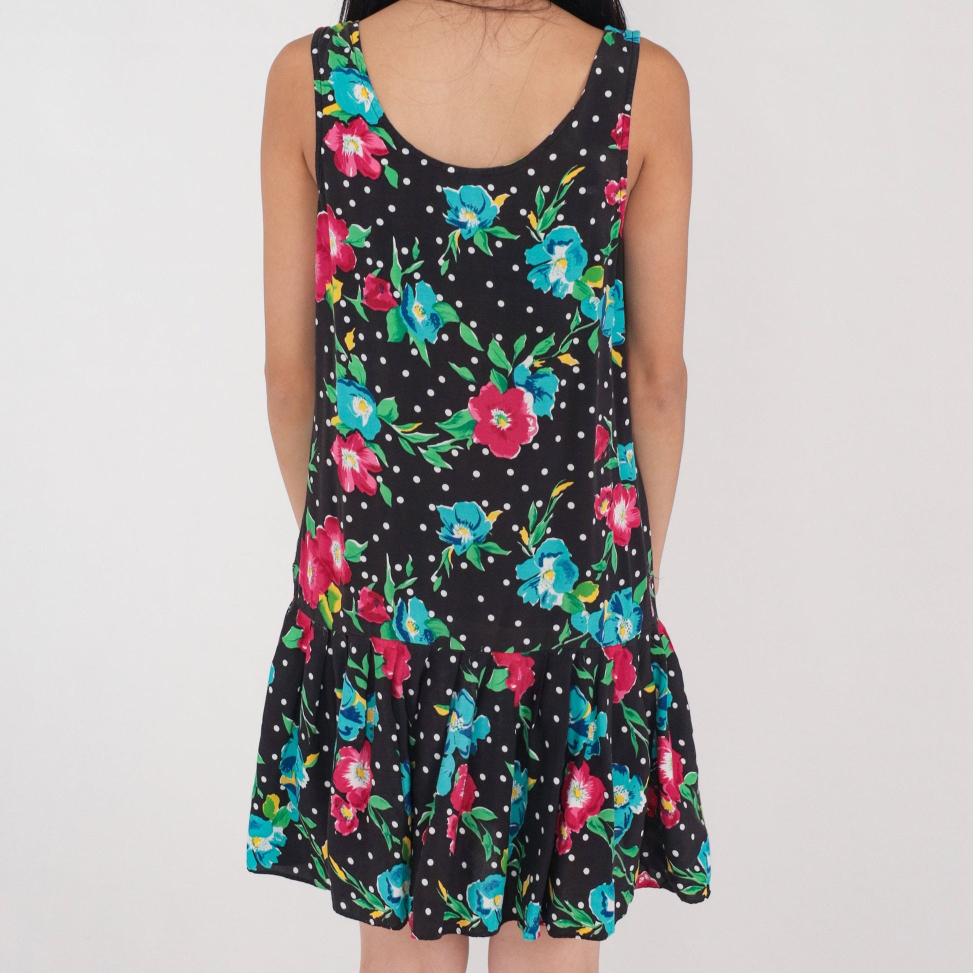 90s Black Floral Polka Dot Mini Dress Drop Waist Ruffle Sleeveless Small