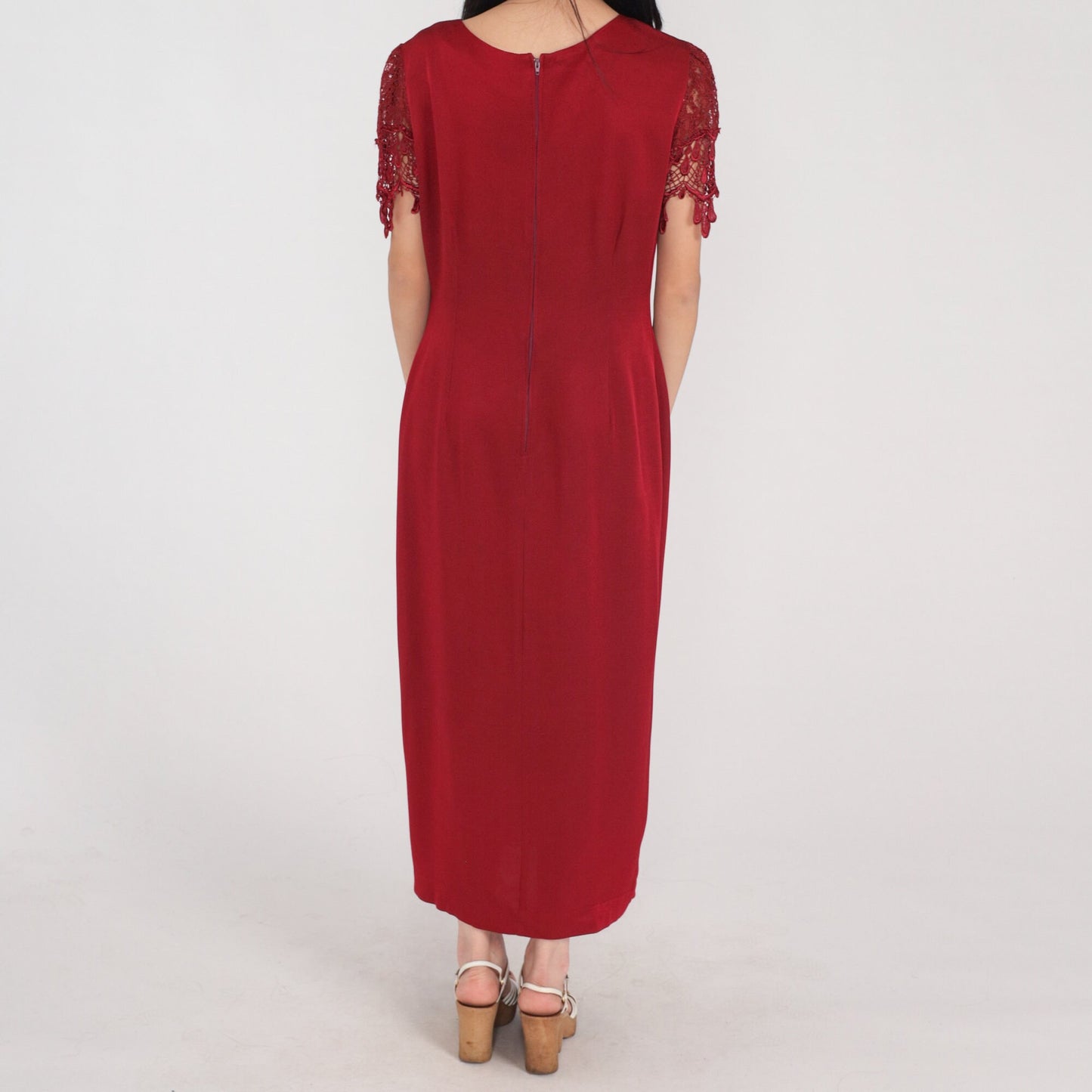 90s Red Lace Illusion Midi Dress Front Slit Short Sleeve Medium
