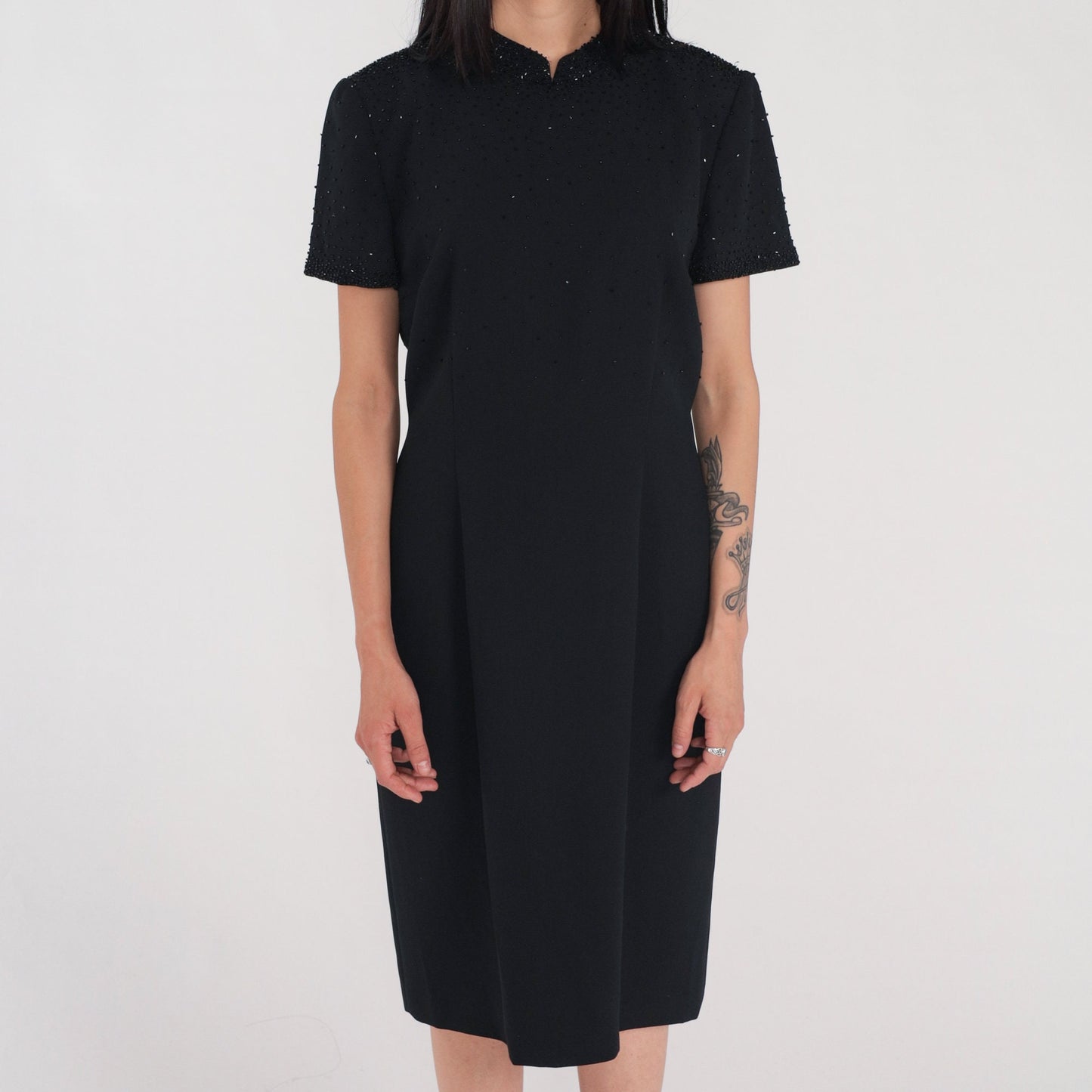 90s Black Beaded Sheath Dress High Neck Short Sleeve Knee Length Medium 8