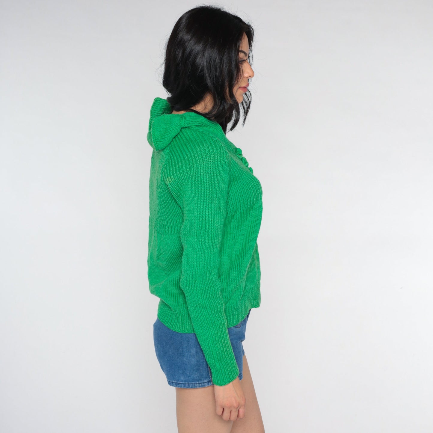70s Green V-Neck Raglan Sweater Knit Jumper Appliqué Small Medium