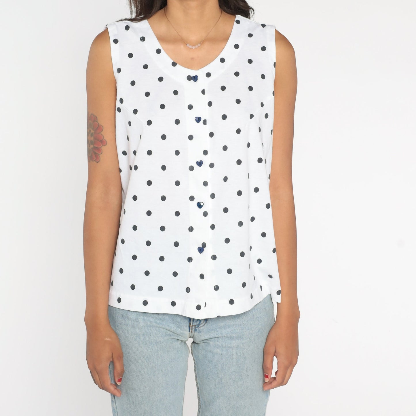 80s White Polka Dot Tank Top Heart Button Single Stitch Small