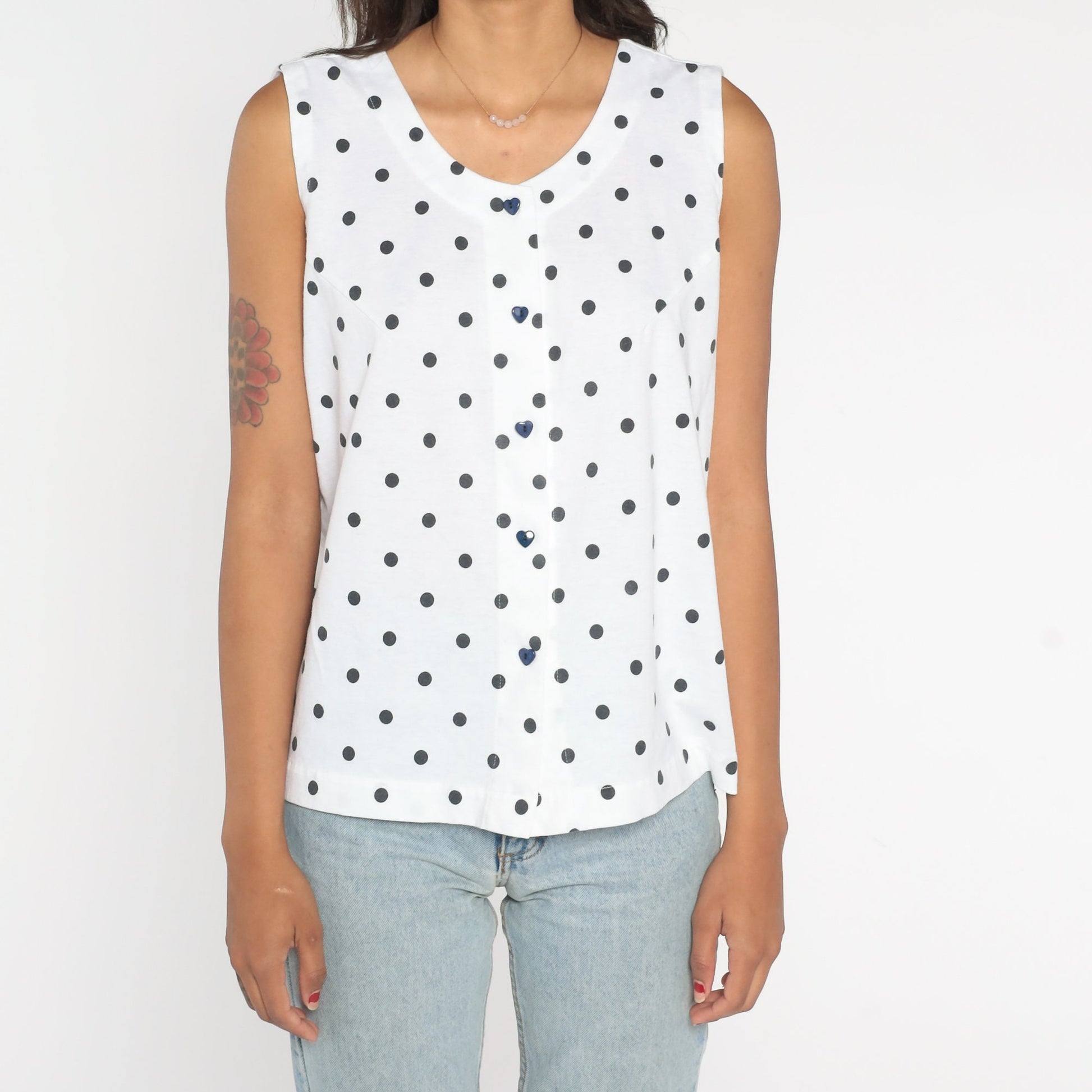 80s White Polka Dot Tank Top Heart Button Single Stitch Small