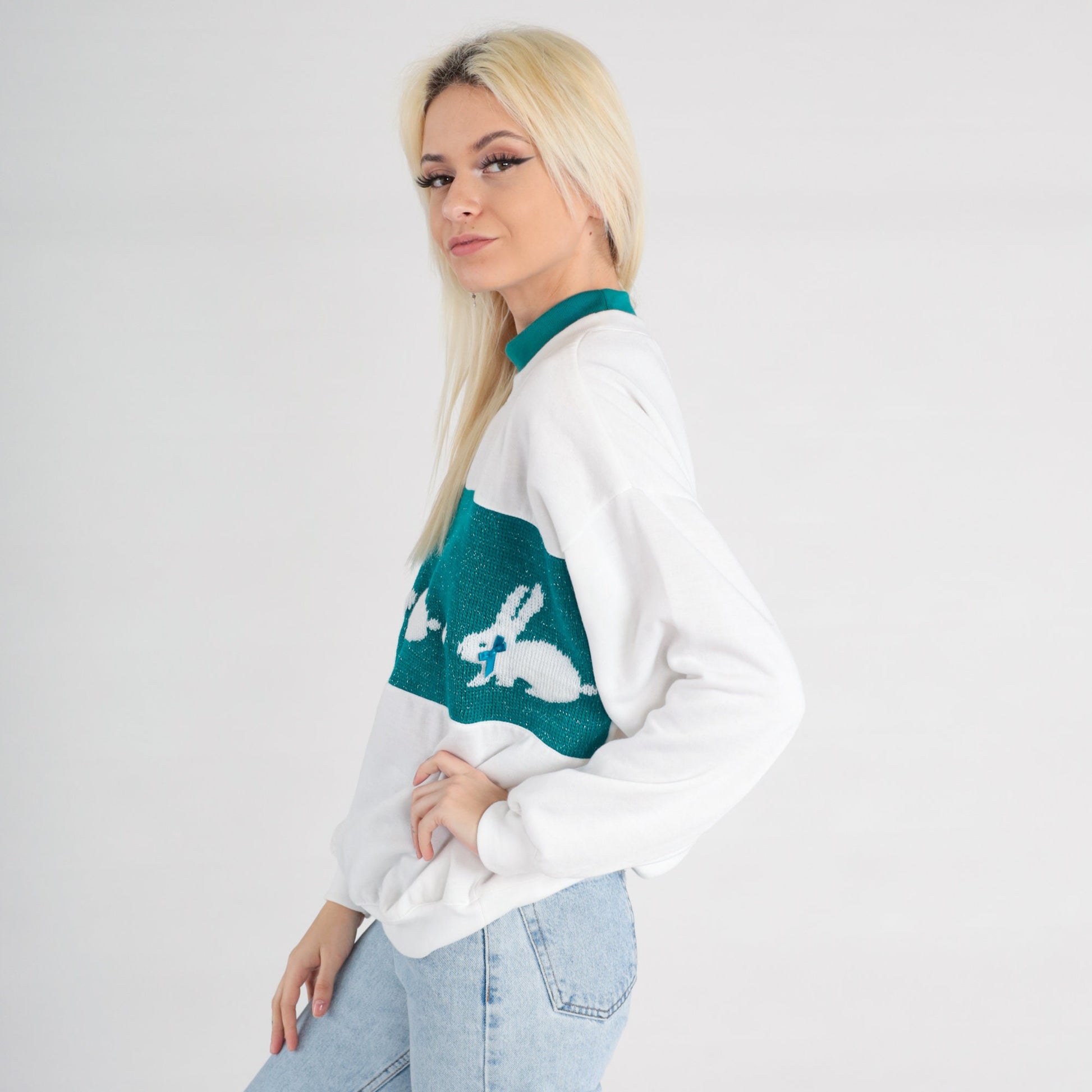 80s Bunny Rabbit Metallic Sweatshirt White Teal Graphic Crewneck Large