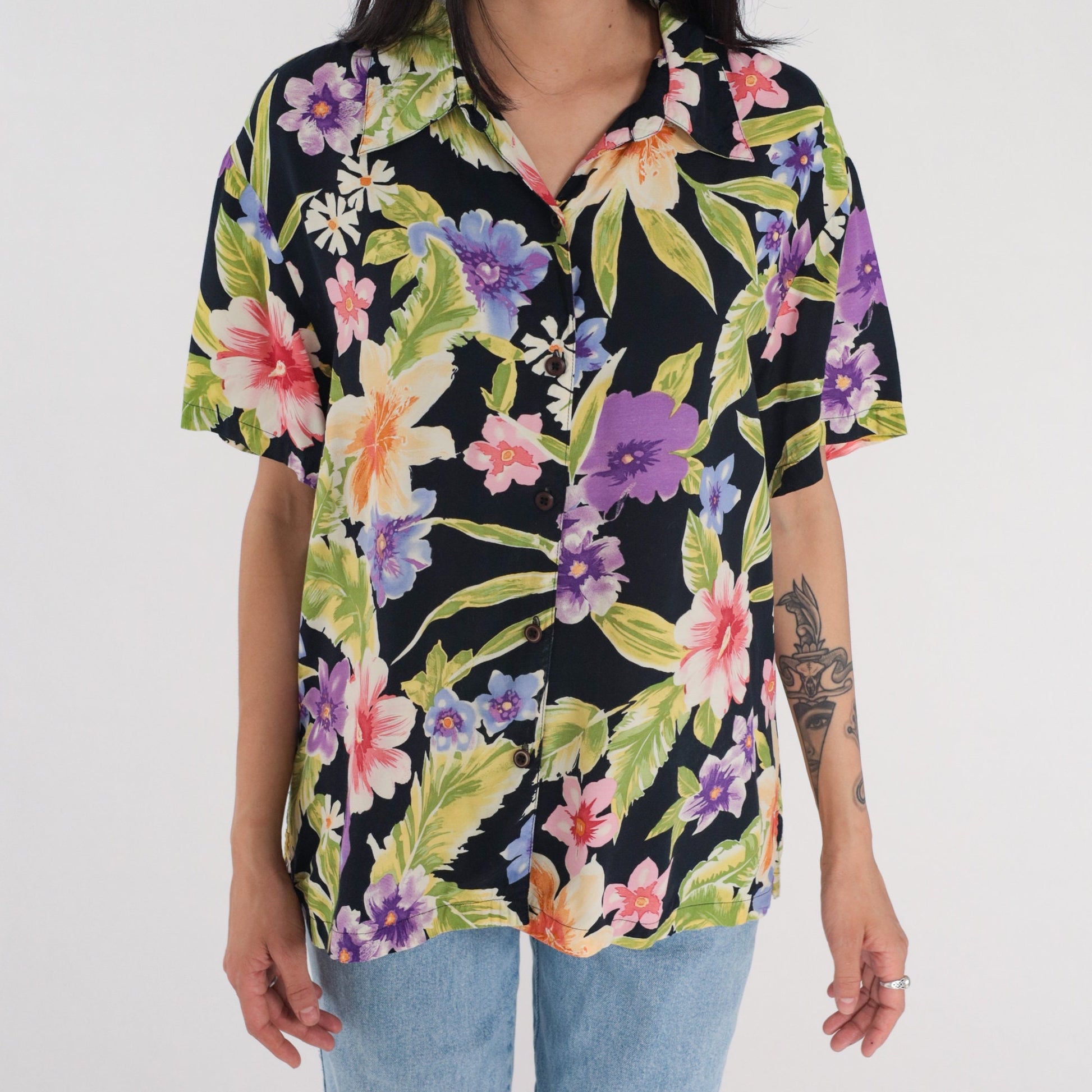 90s Tropical Floral Black Button Up Blouse Short Sleeve Rayon Shirt Extra Large XL