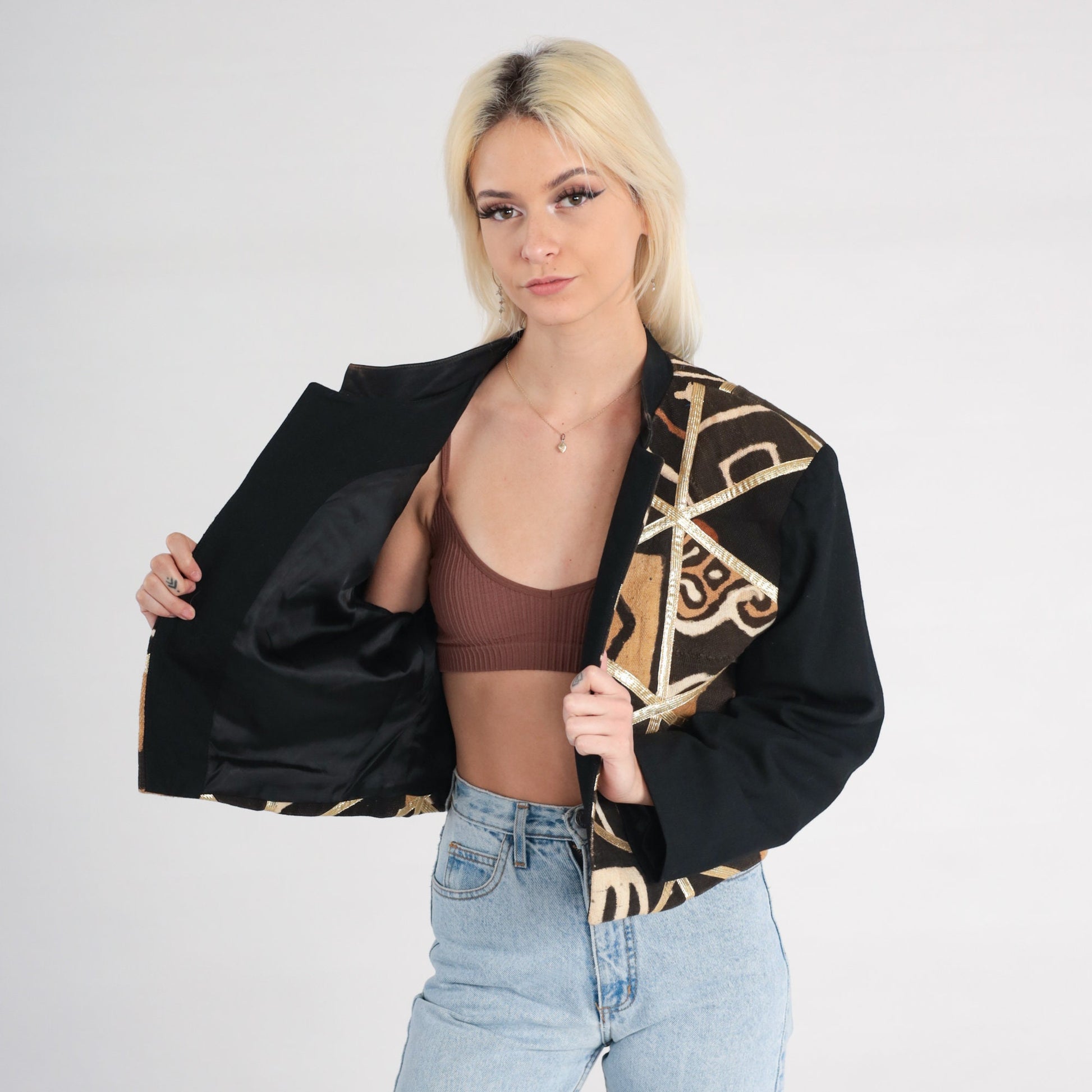 90s Cropped Safari Jacket Patchwork Geometric Black Brown Gold Trim Medium