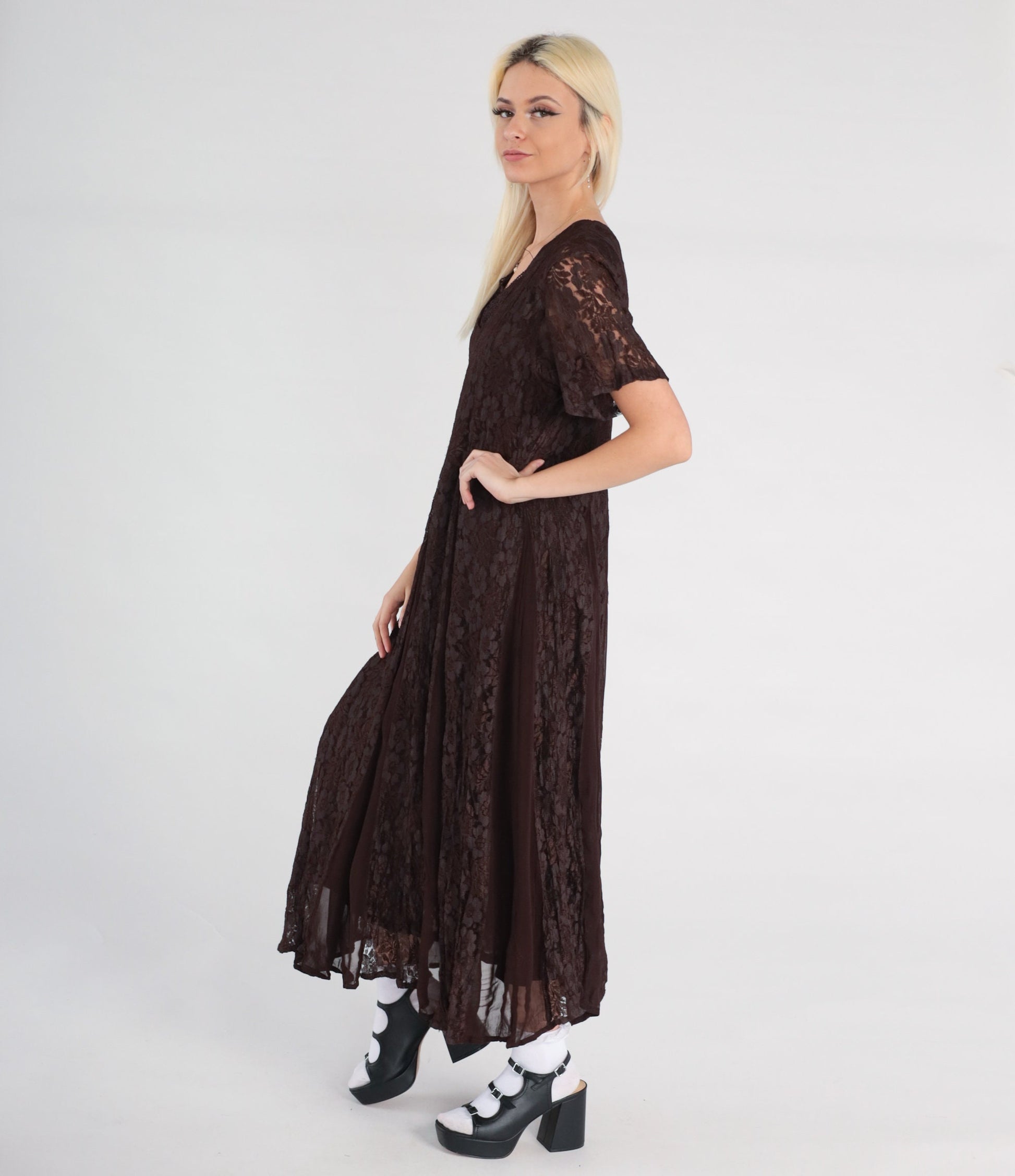 90s Brown Lace Maxi Dress Chiffon Panel V-Neck Short Sleeve Small