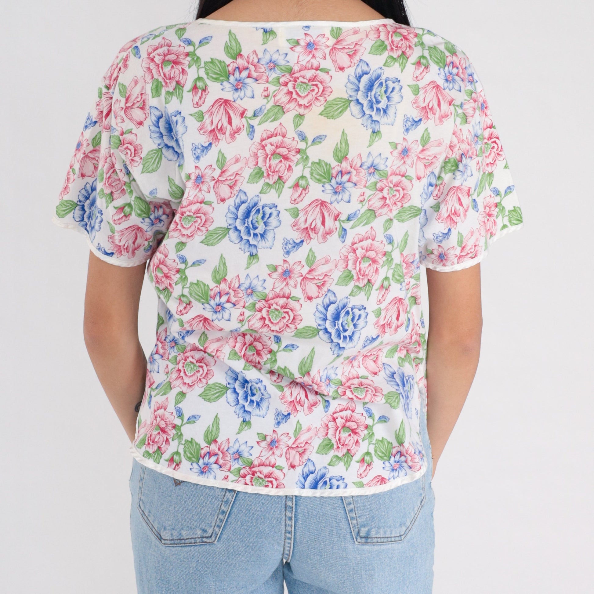90s Floral Keyhole Blouse White Flower Print Cotton Short Sleeve Small