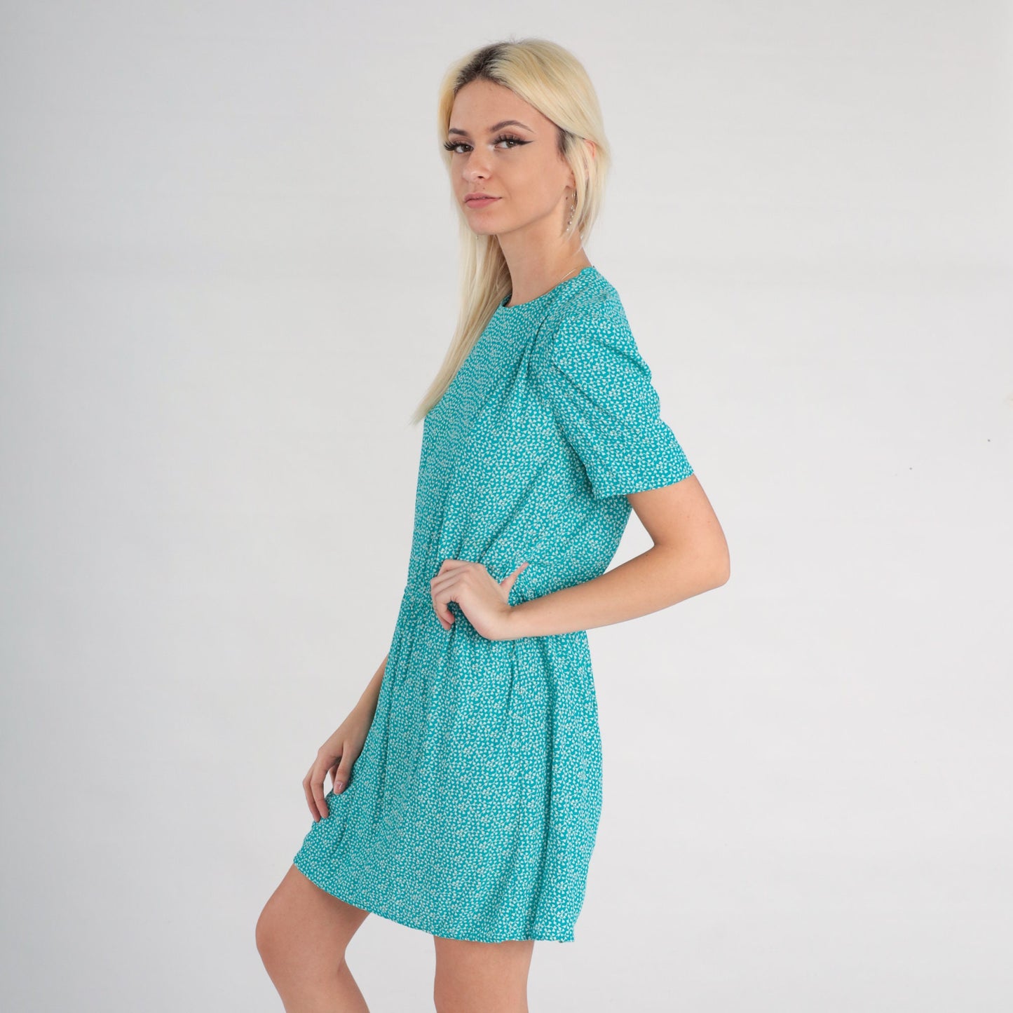 90s Karin Stevens Floral Mini Dress Blue Ditsy Calico Puff Sleeve Small